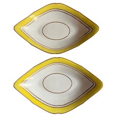 Pair Large Antique Early 19th c. Derby Porcelain Yellow Navette Shape Dishes