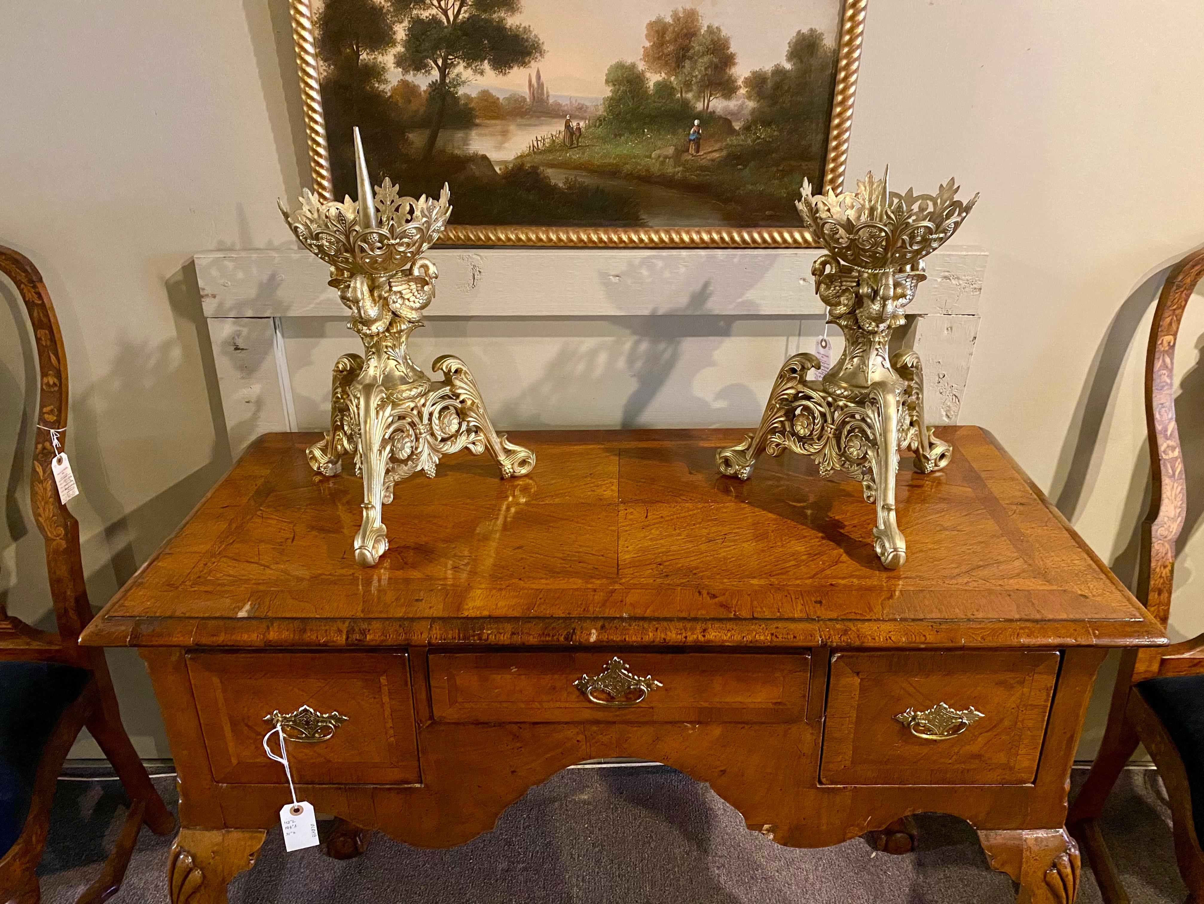 Pair Large Antique Early 19th Century French Gold Bronze Chateau Candle Holders 1