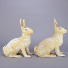 Pair of Large and Antique Figural Painted Cast Iron Sculptural Rabbit Doorstops