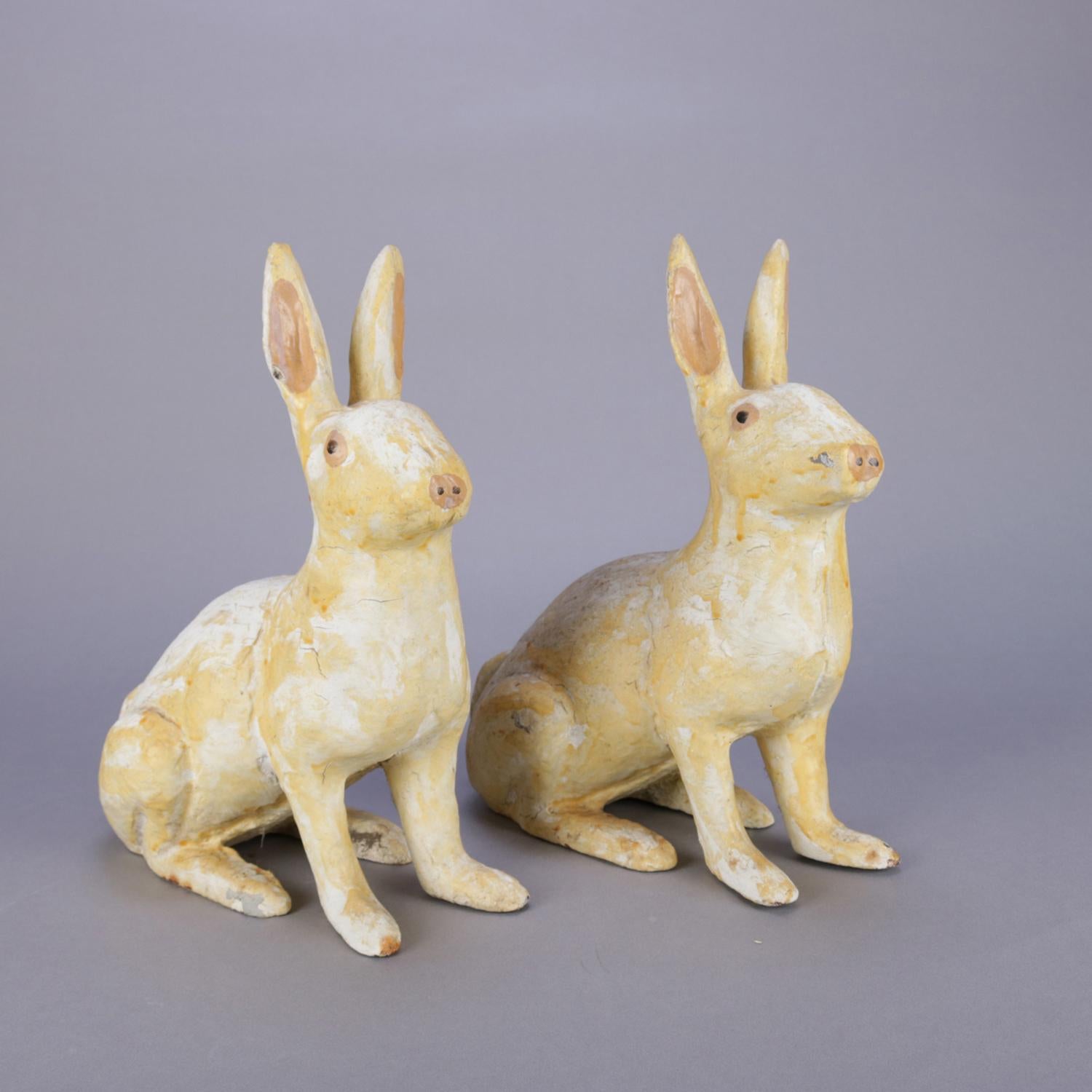 American Pair of Large and Antique Figural Painted Cast Iron Sculptural Rabbit Doorstops