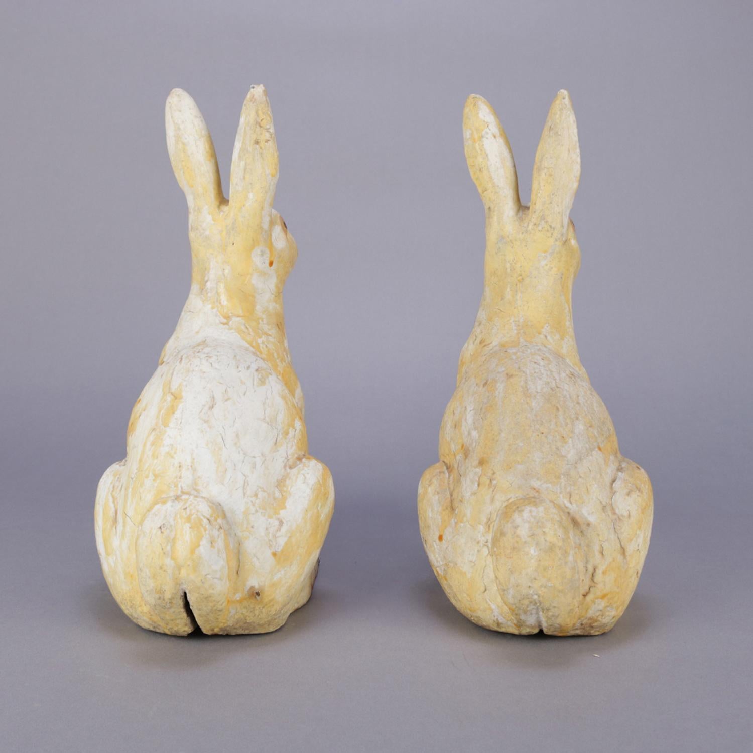 Pair of Large and Antique Figural Painted Cast Iron Sculptural Rabbit Doorstops In Good Condition In Big Flats, NY
