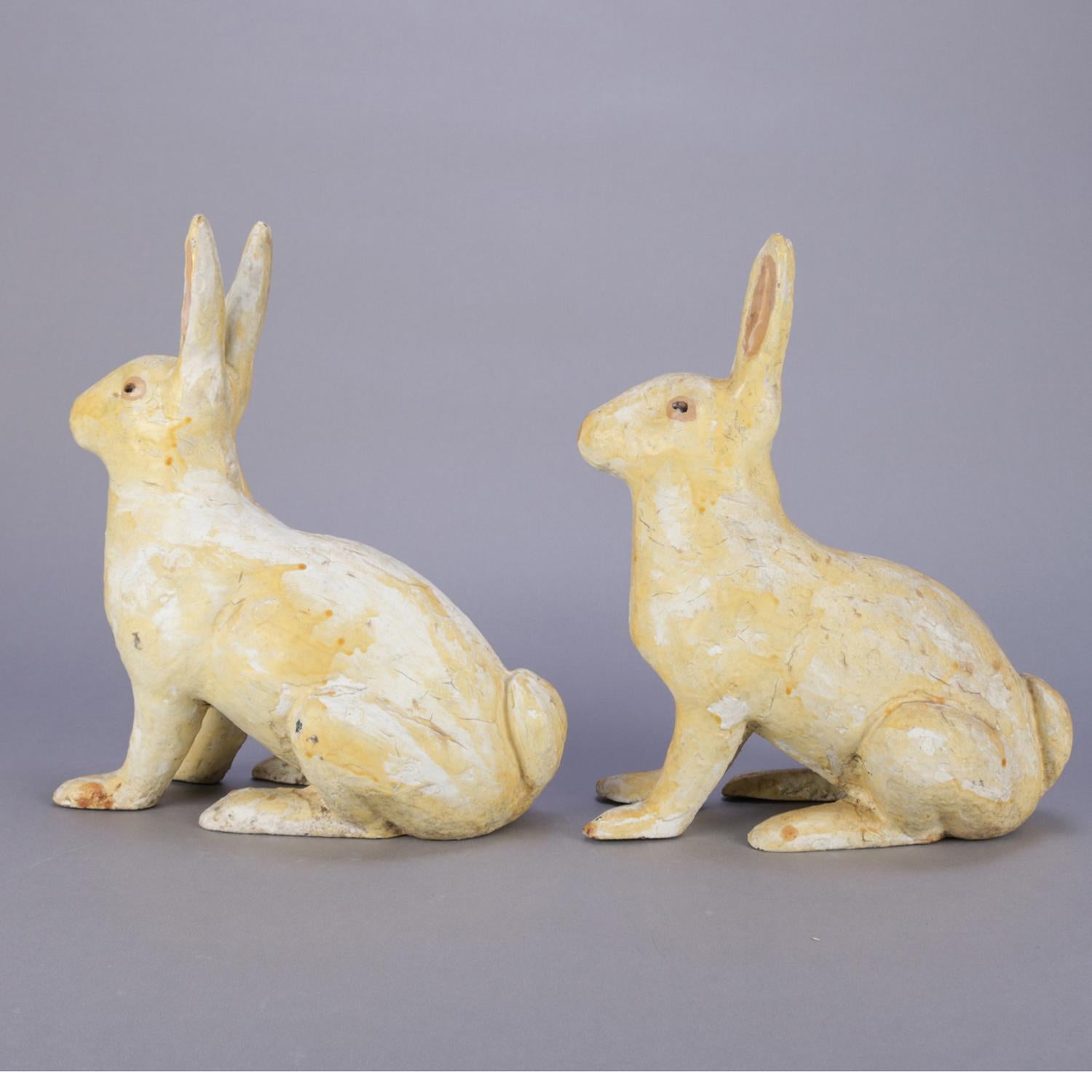 19th Century Pair of Large and Antique Figural Painted Cast Iron Sculptural Rabbit Doorstops