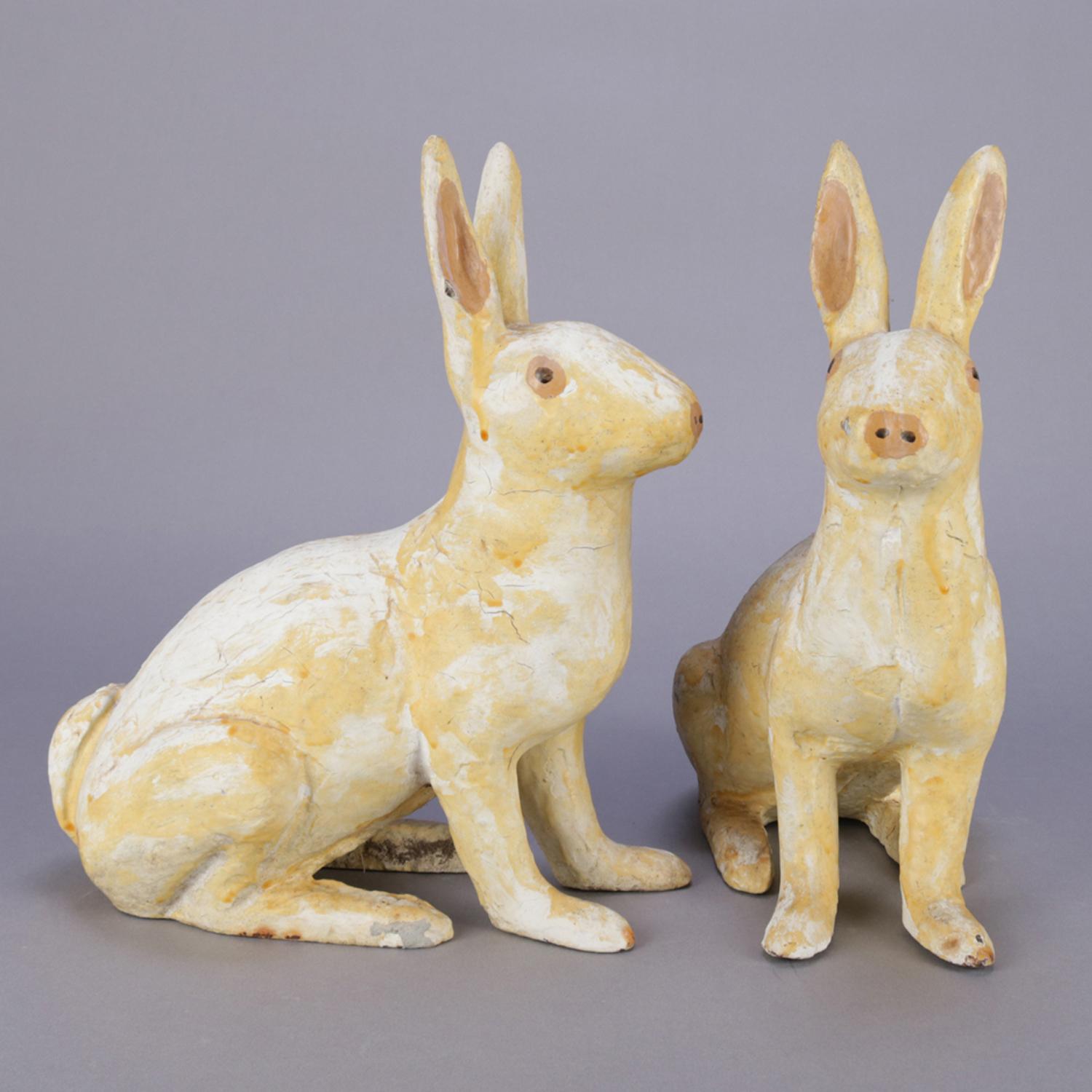 Pair of Large and Antique Figural Painted Cast Iron Sculptural Rabbit Doorstops 1