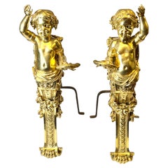 Pareja Grande Antiguo Putti Figural Querubín Figural Bronce Dorado Andirons / Chenets
