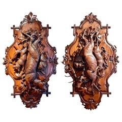 Pair Large Antique Finely Carved Black Forest "Natur Morte" Plaques, circa 1880