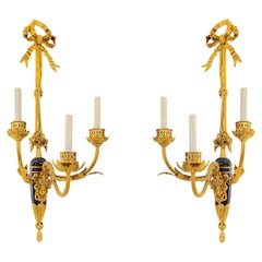 Pair Large Antique French Louis XVI Style Gilt & Blue Patinated Bronze Sconces
