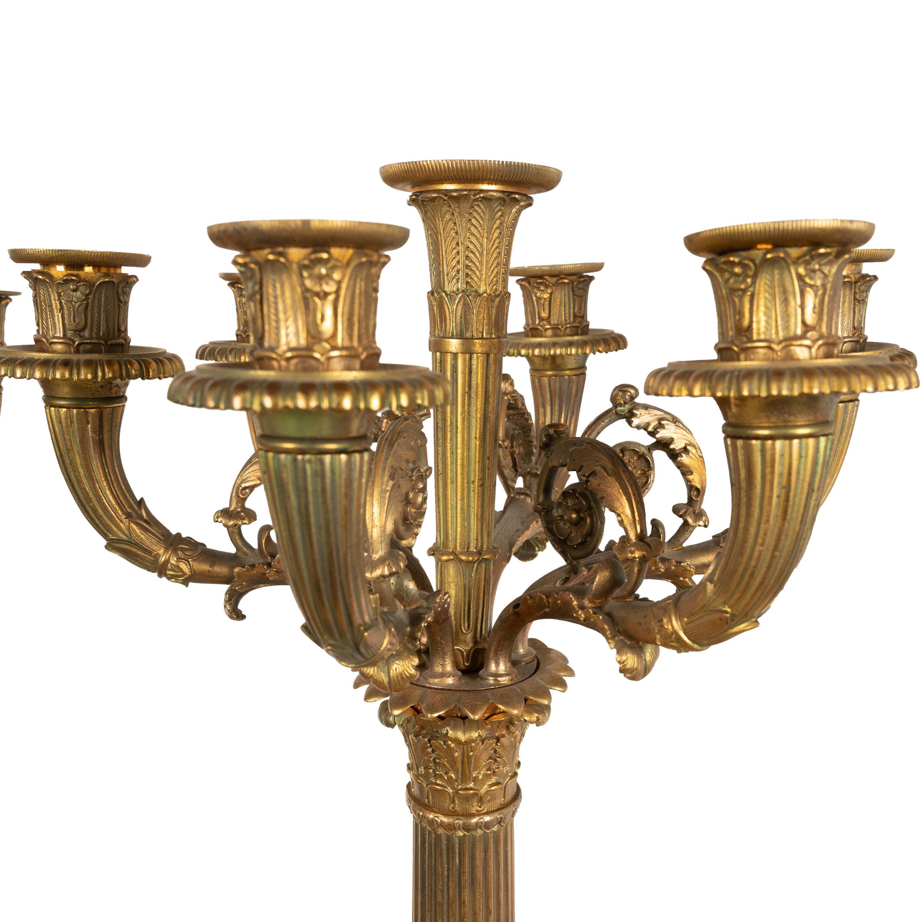 Pair Large Antique French Restoration Gilt Bronze Ormolu Marble Candelabra 1815 4