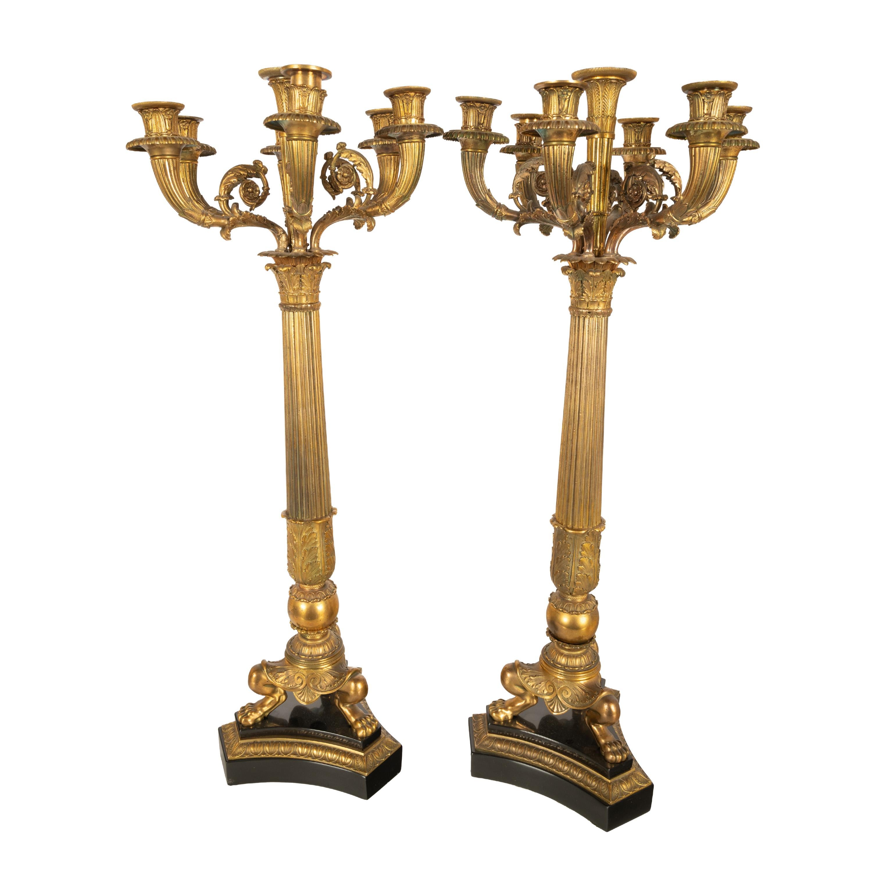 Restauration Pair Large Antique French Restoration Gilt Bronze Ormolu Marble Candelabra 1815