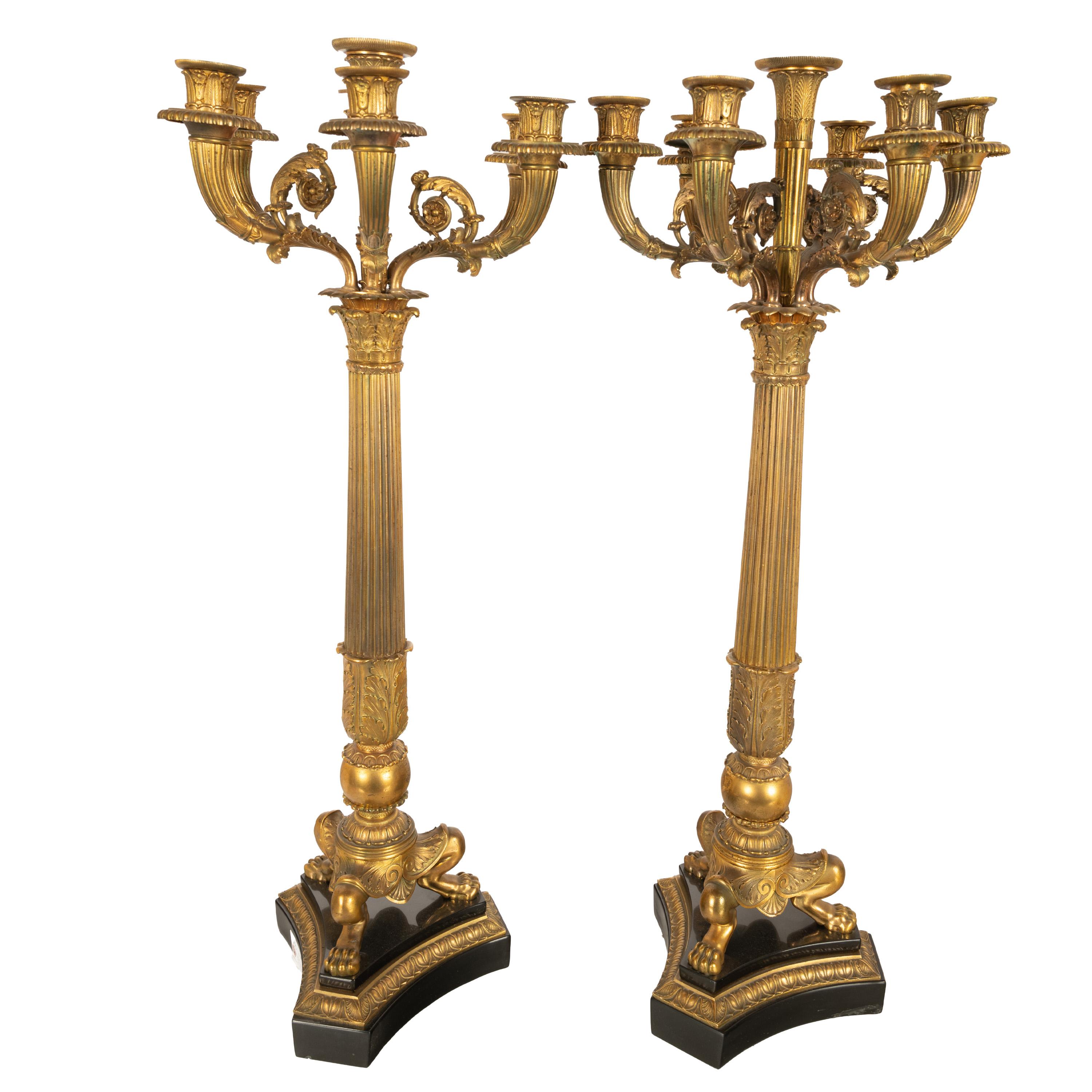 Pair Large Antique French Restoration Gilt Bronze Ormolu Marble Candelabra 1815 1