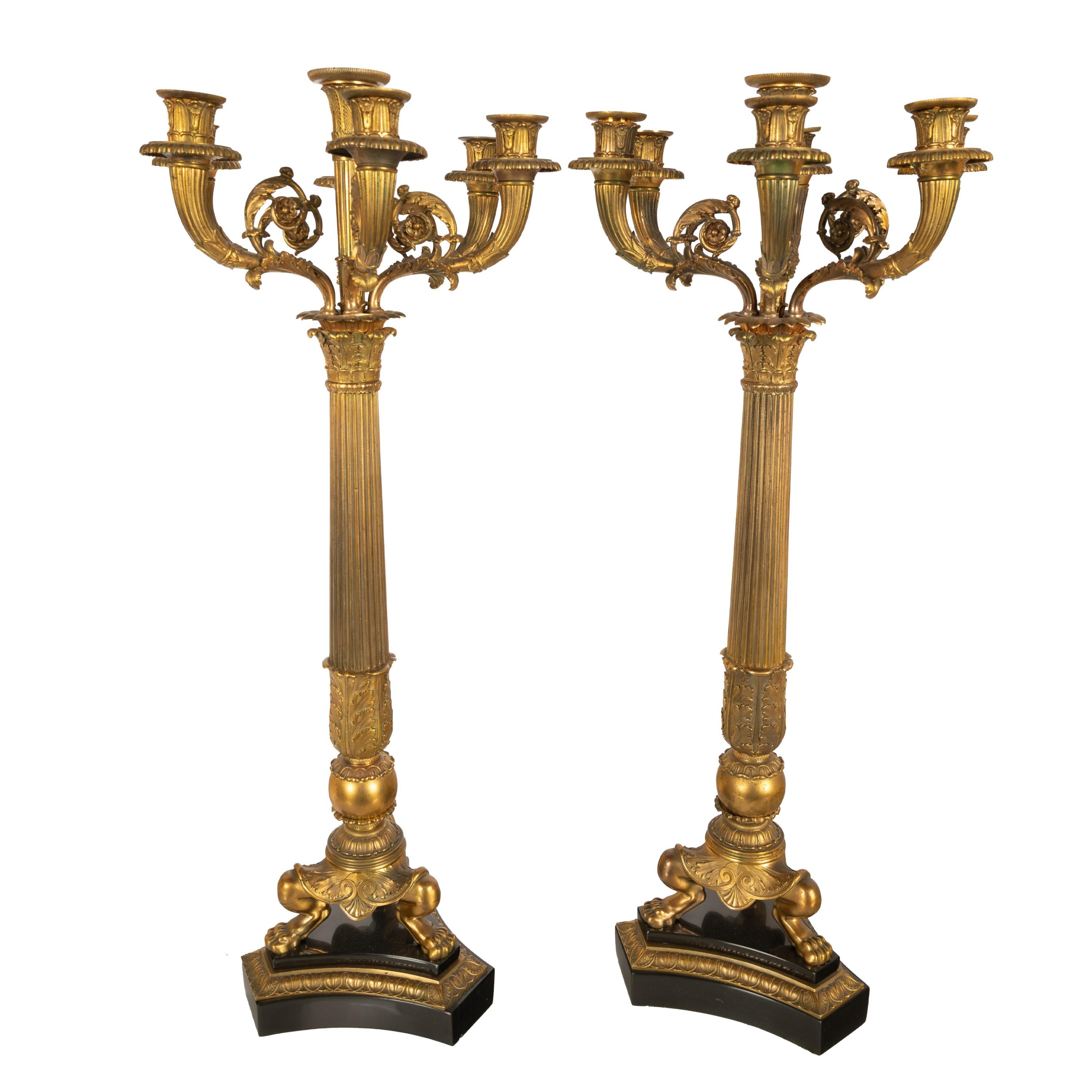 Pair Large Antique French Restoration Gilt Bronze Ormolu Marble Candelabra 1815 2