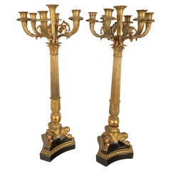 Pair Large Antique French Restoration Gilt Bronze Ormolu Marble Candelabra 1815