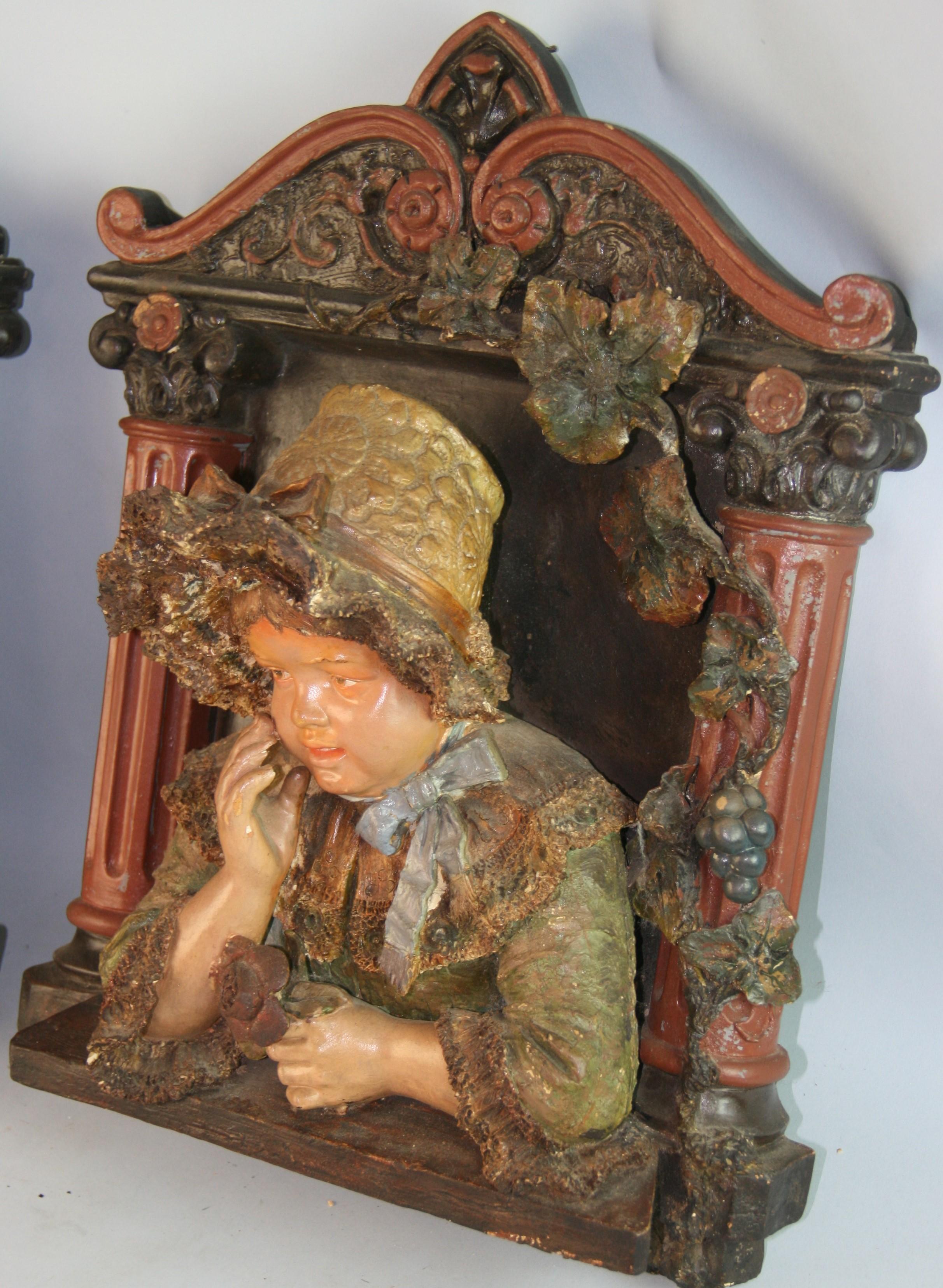 Pair Large  Antique German Polychrome Boy and Girl Wall Plaques 1890's  For Sale 10