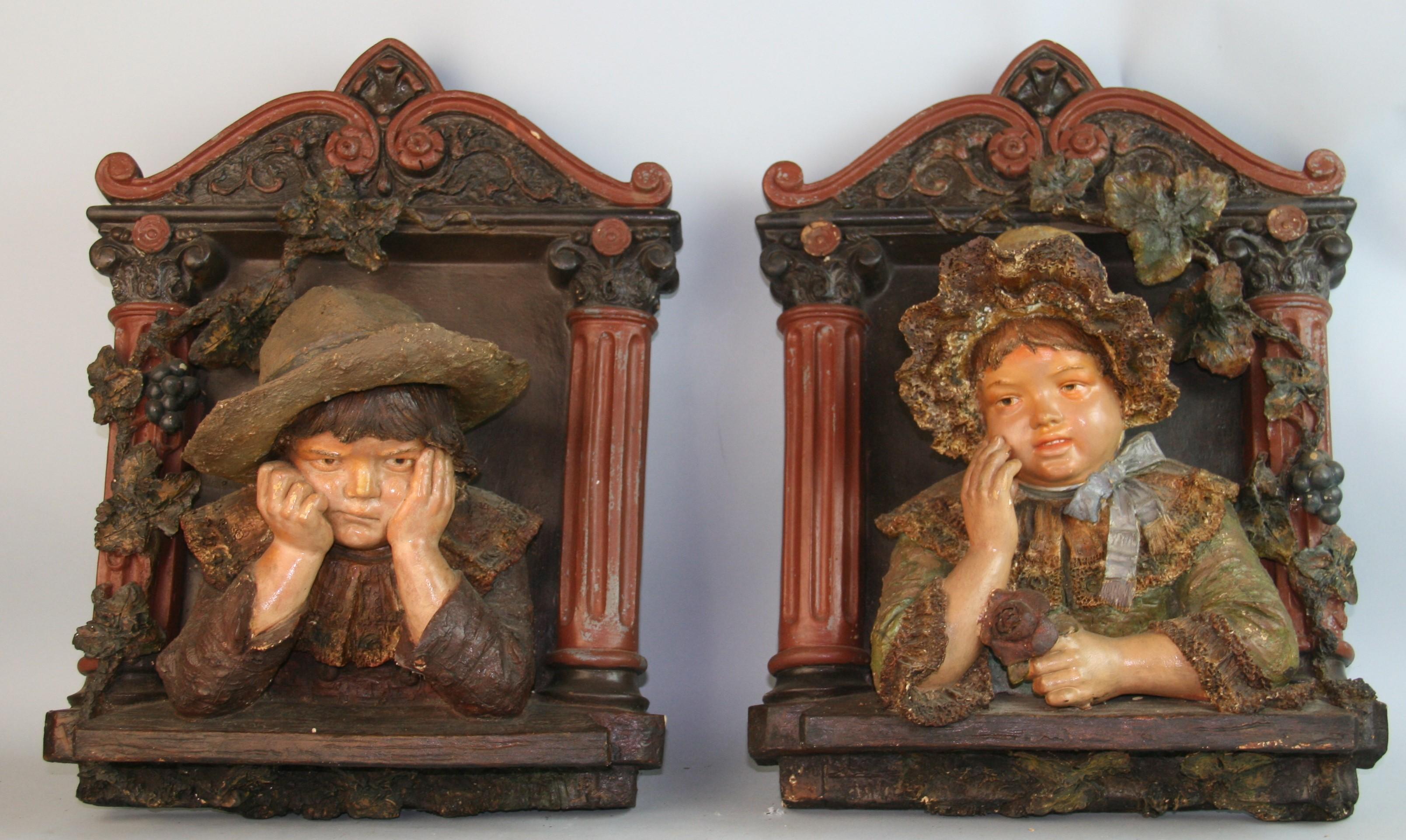 1460 Pair antique German wall sculptures and painted gesso