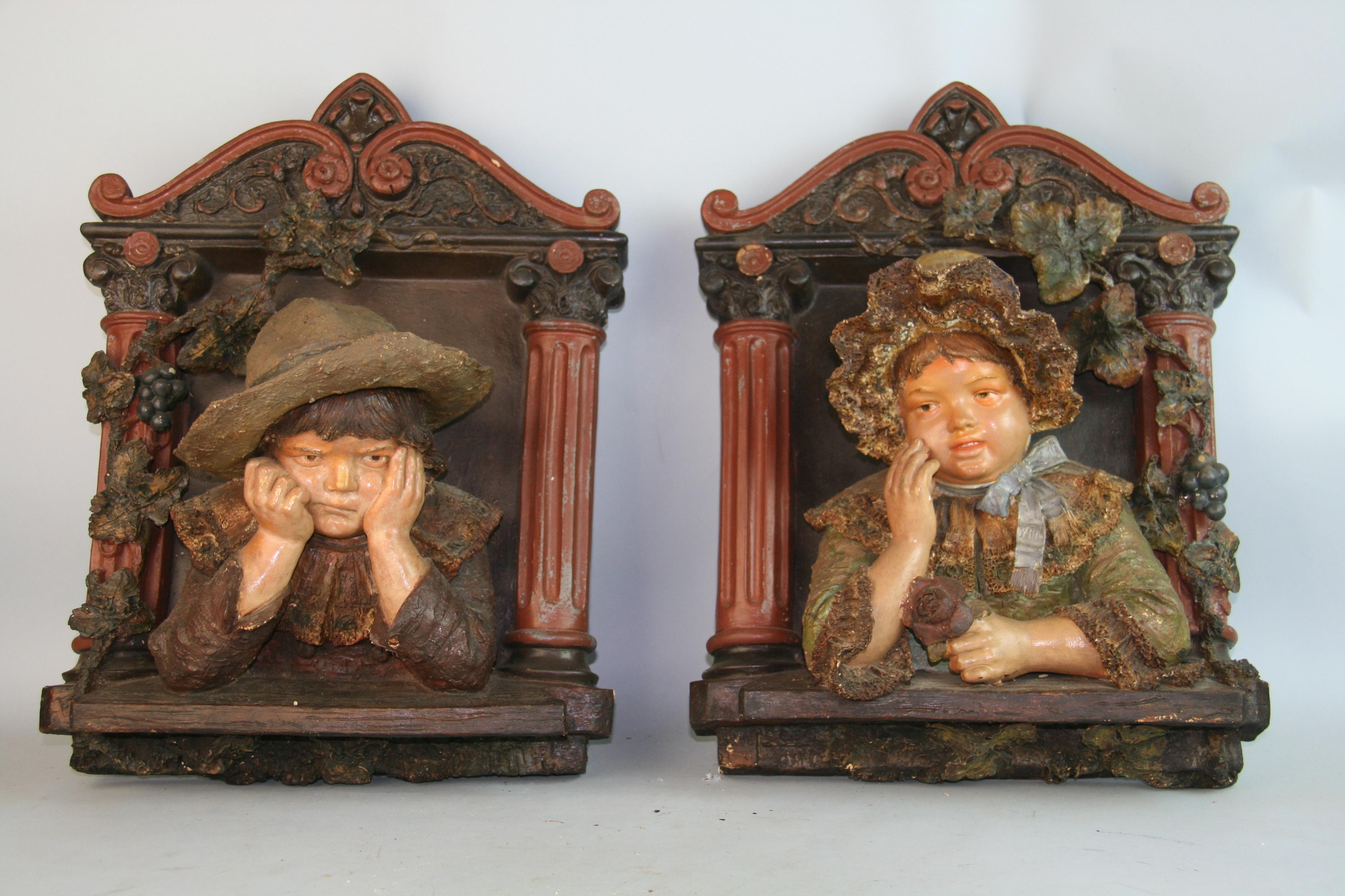 Pair Large  Antique German Polychrome Boy and Girl Wall Plaques 1890's  In Good Condition For Sale In Douglas Manor, NY