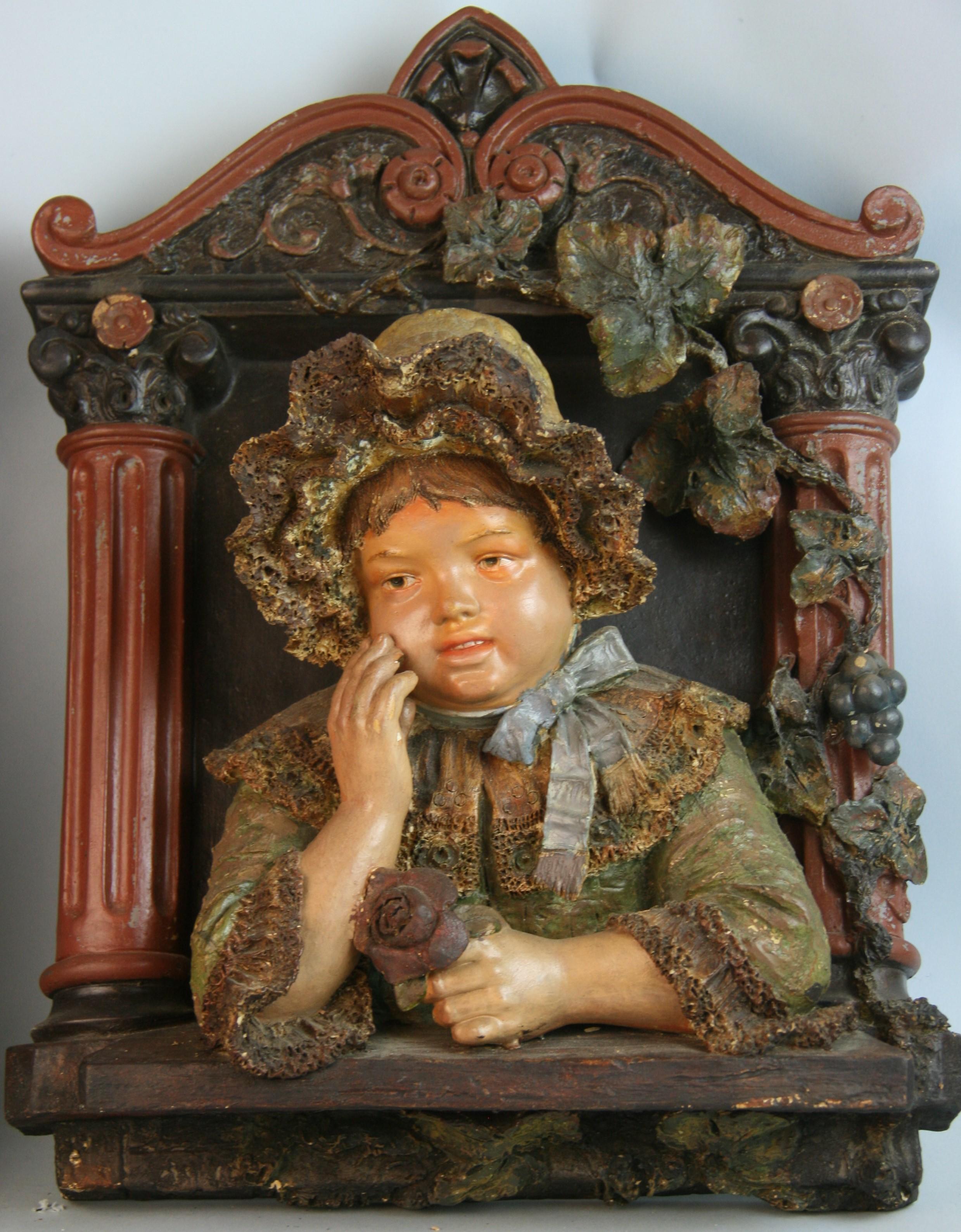 Late 19th Century Pair Large  Antique German Polychrome Boy and Girl Wall Plaques 1890's  For Sale