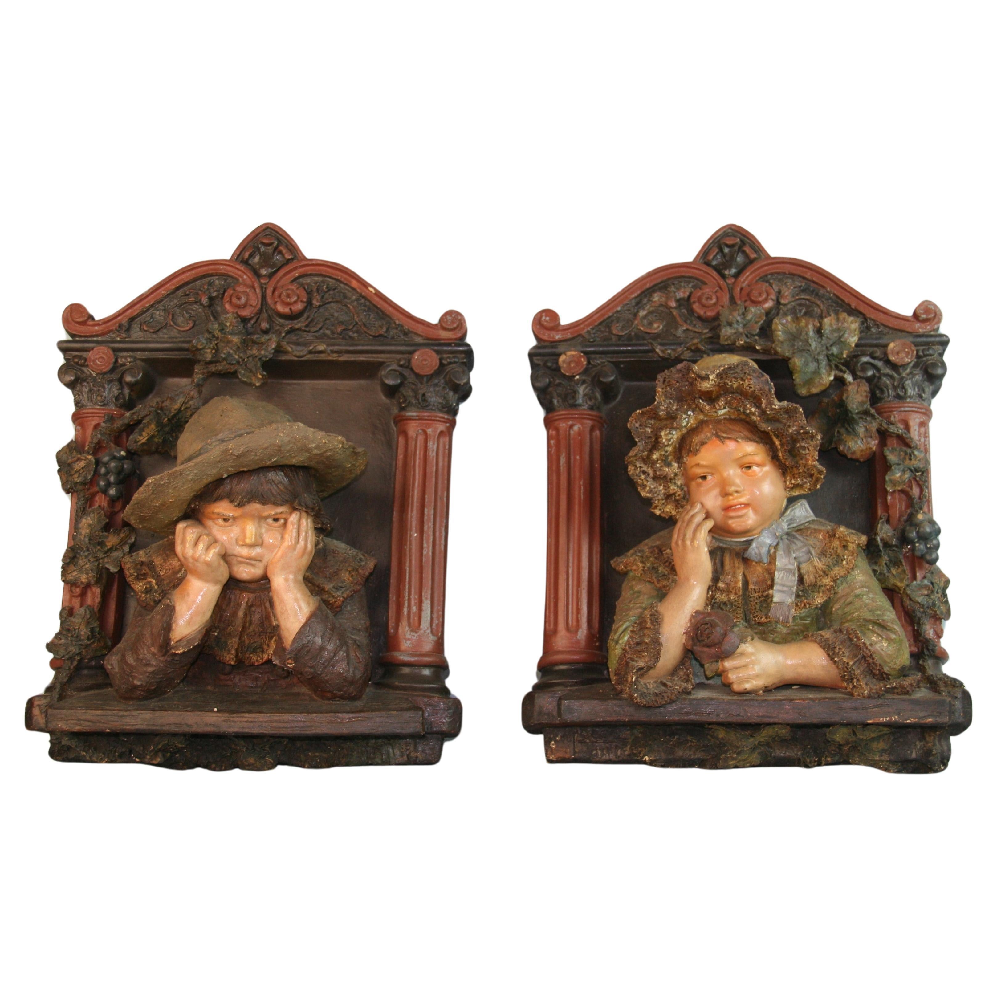 Pair Large  Antique German Polychrome Boy and Girl Wall Plaques 1890's  For Sale