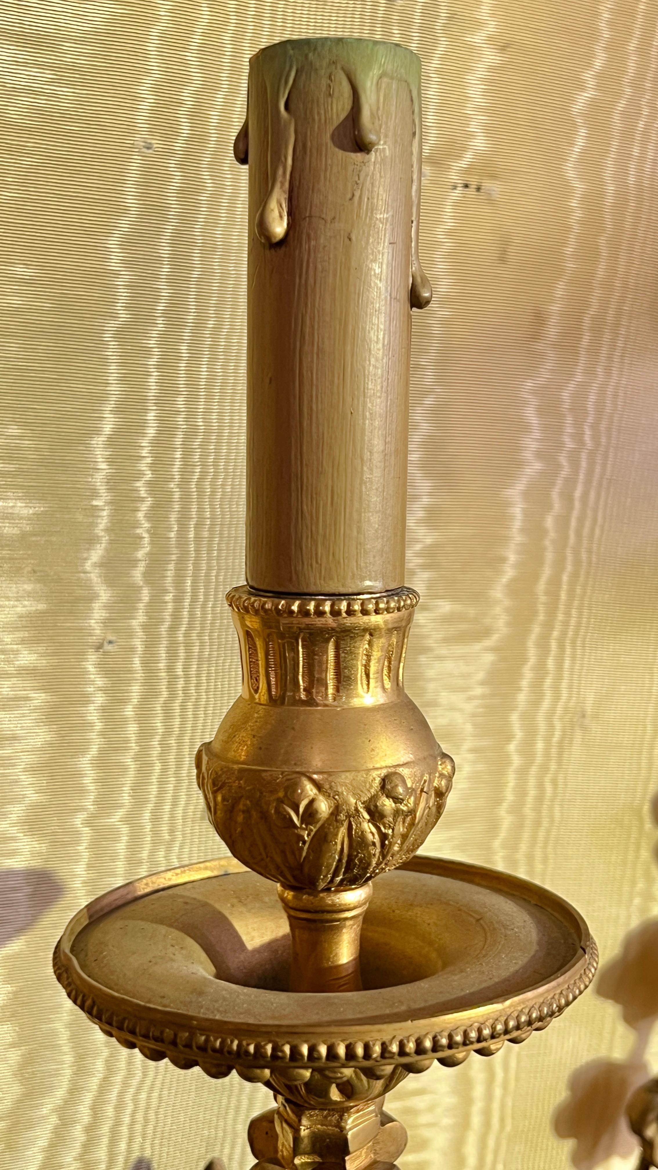 Pair Large Antique Gilt Bronzes 3-Light Sconces in French Louis XVI Style For Sale 6