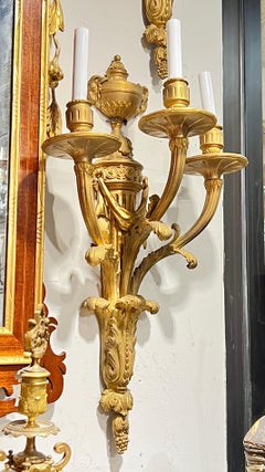 Pair Large Antique Gilt Bronzes 3-Light Sconces in French Louis XVI Style
