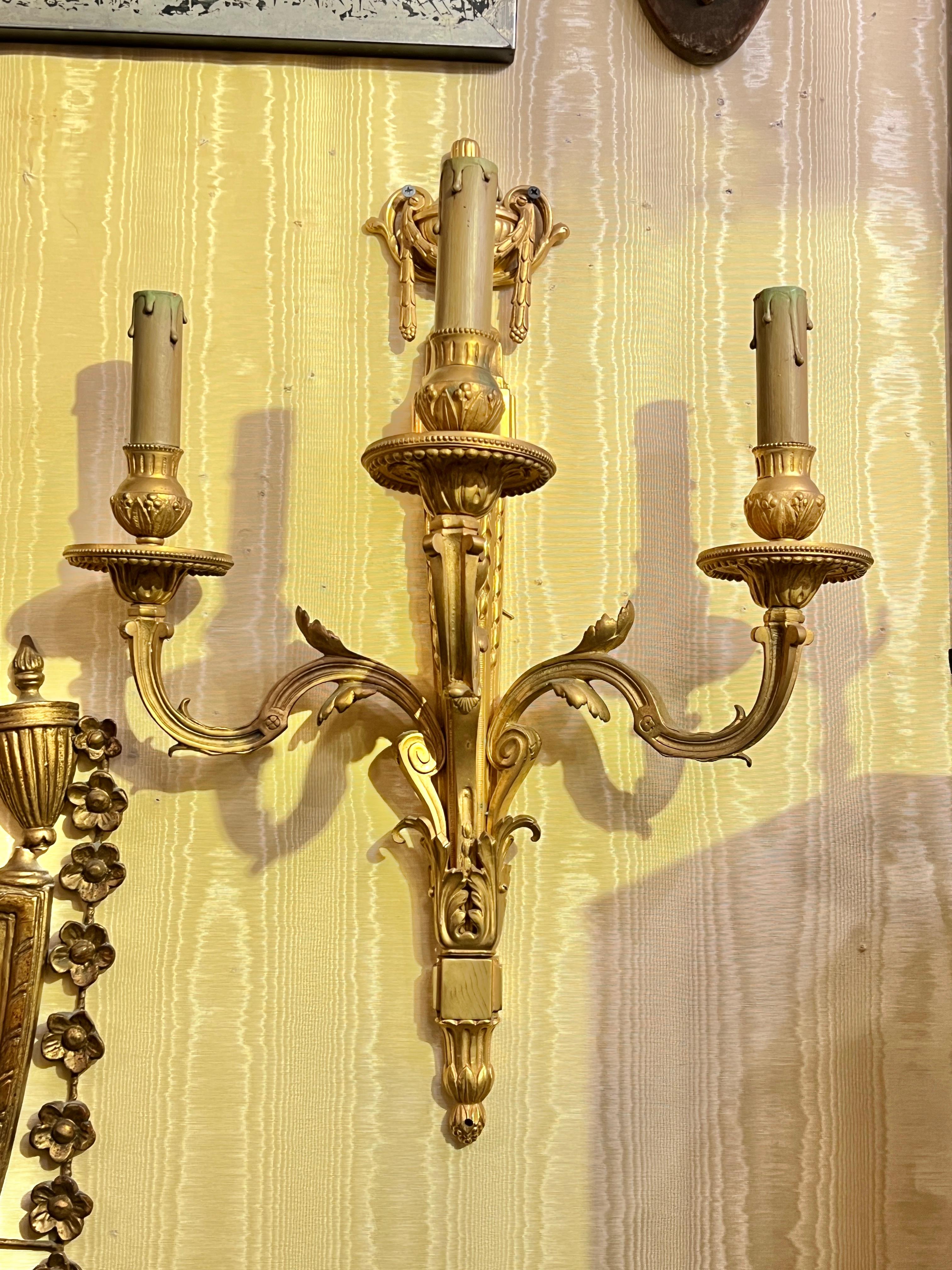 Pair Large Antique Gilt Bronzes 3-Light Sconces in French Louis XVI Style In Good Condition For Sale In New York, NY