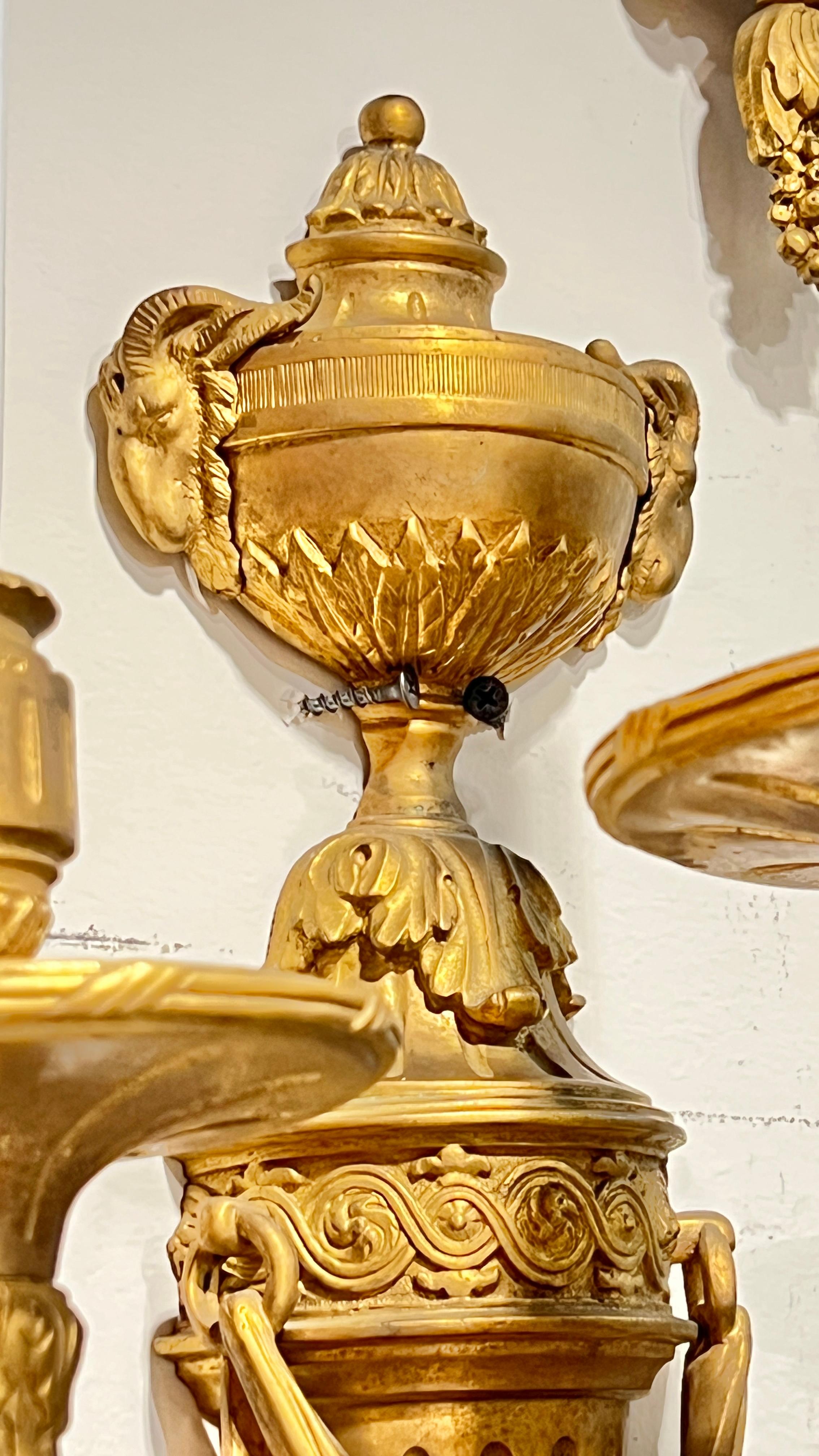 Pair Large Antique Gilt Bronzes 3-Light Sconces in French Louis XVI Style Luis XVI en venta