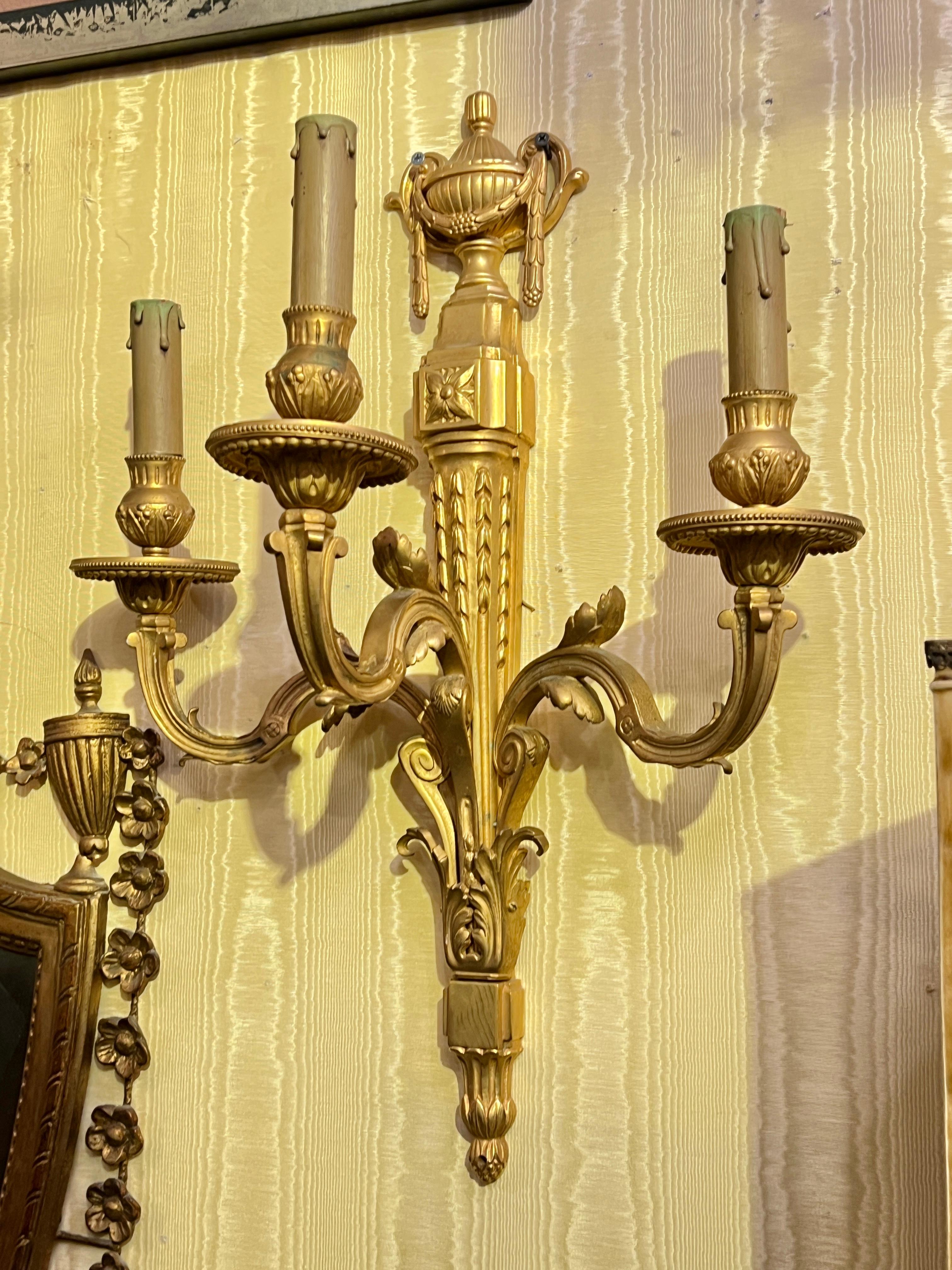 19th Century Pair Large Antique Gilt Bronzes 3-Light Sconces in French Louis XVI Style For Sale