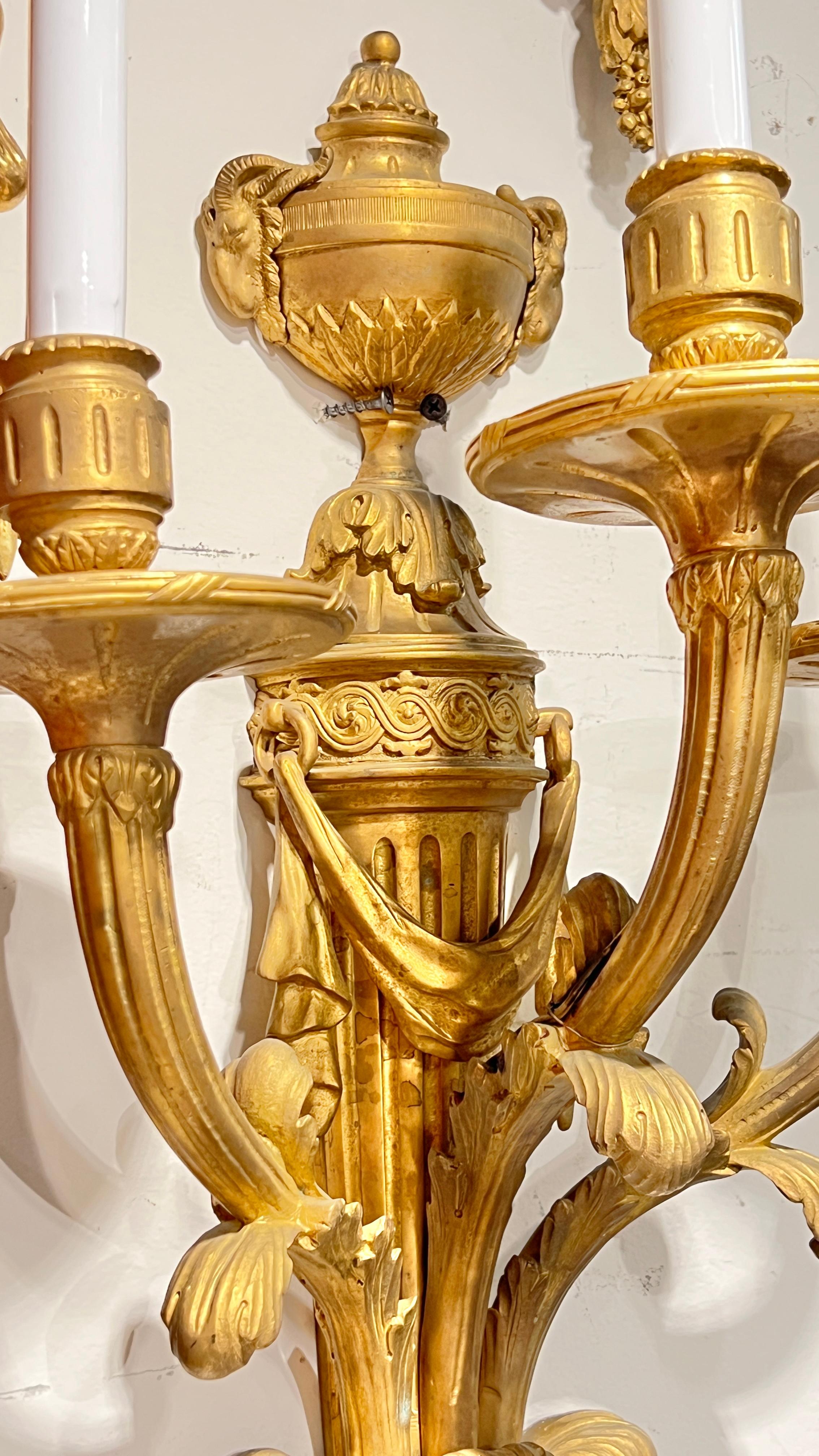Pair Large Antique Gilt Bronzes 3-Light Sconces in French Louis XVI Style Francés en venta