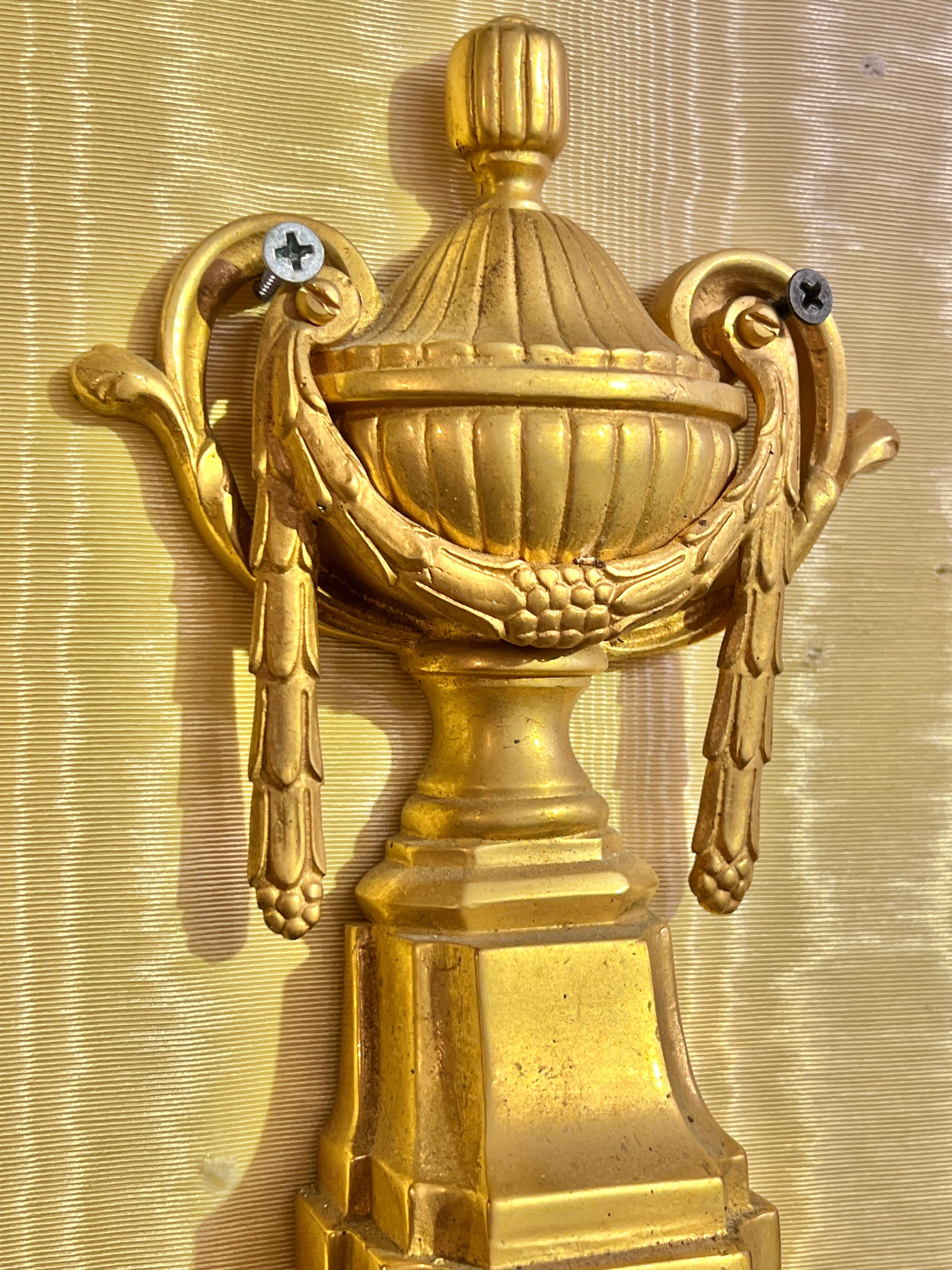 Pair Large Antique Gilt Bronzes 3-Light Sconces in French Louis XVI Style For Sale 1