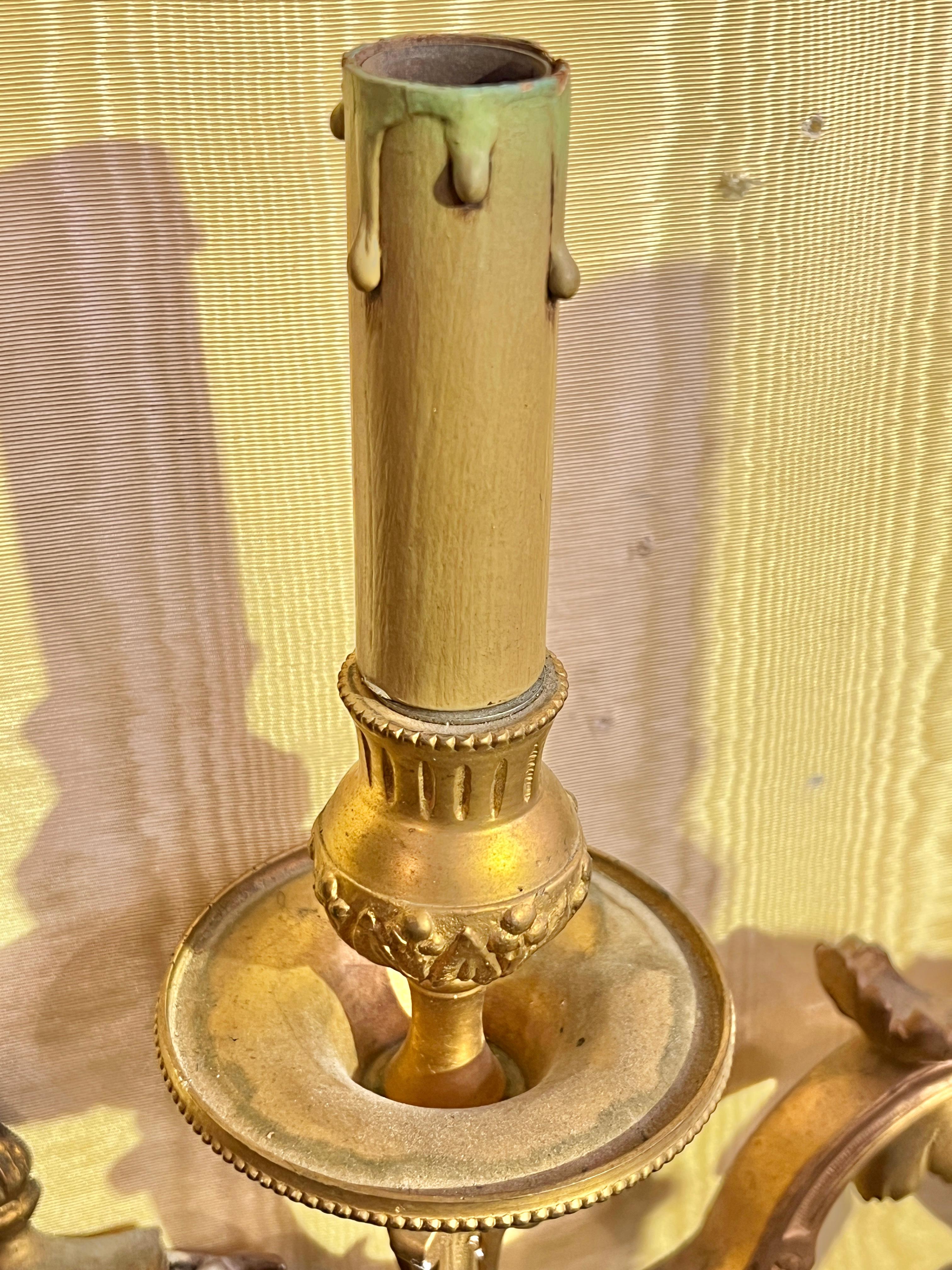 Pair Large Antique Gilt Bronzes 3-Light Sconces in French Louis XVI Style For Sale 2