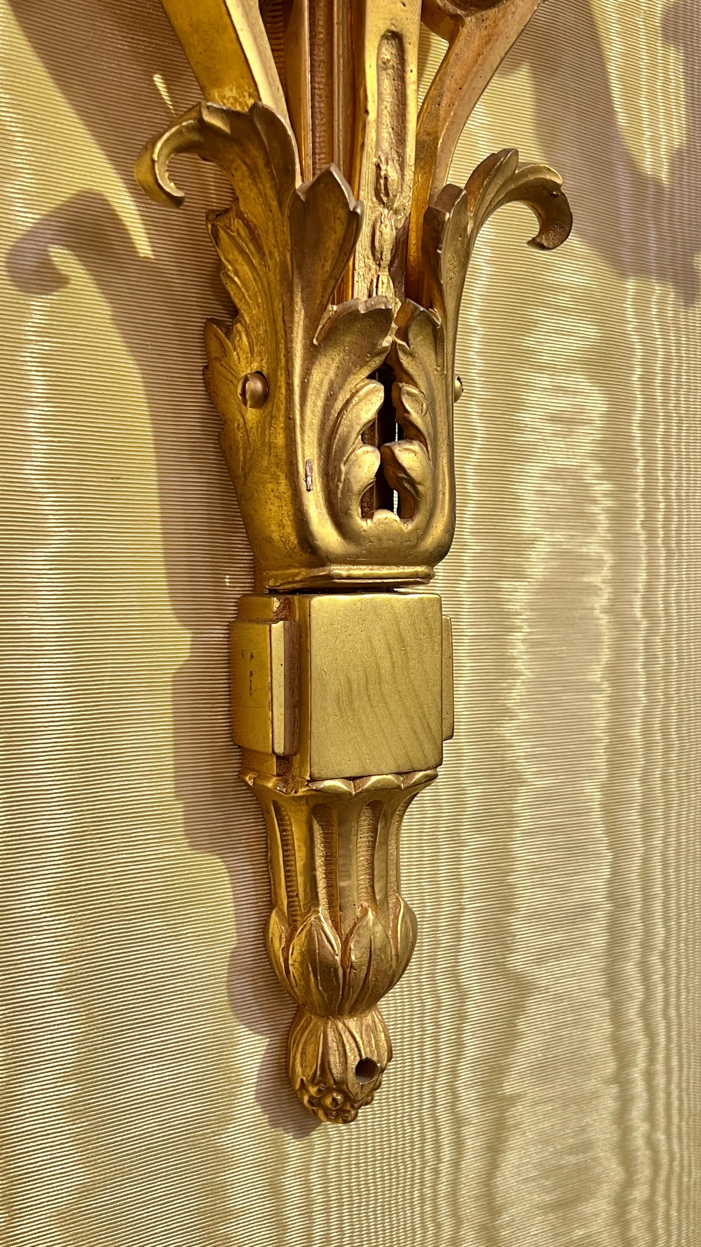 Pair Large Antique Gilt Bronzes 3-Light Sconces in French Louis XVI Style For Sale 3