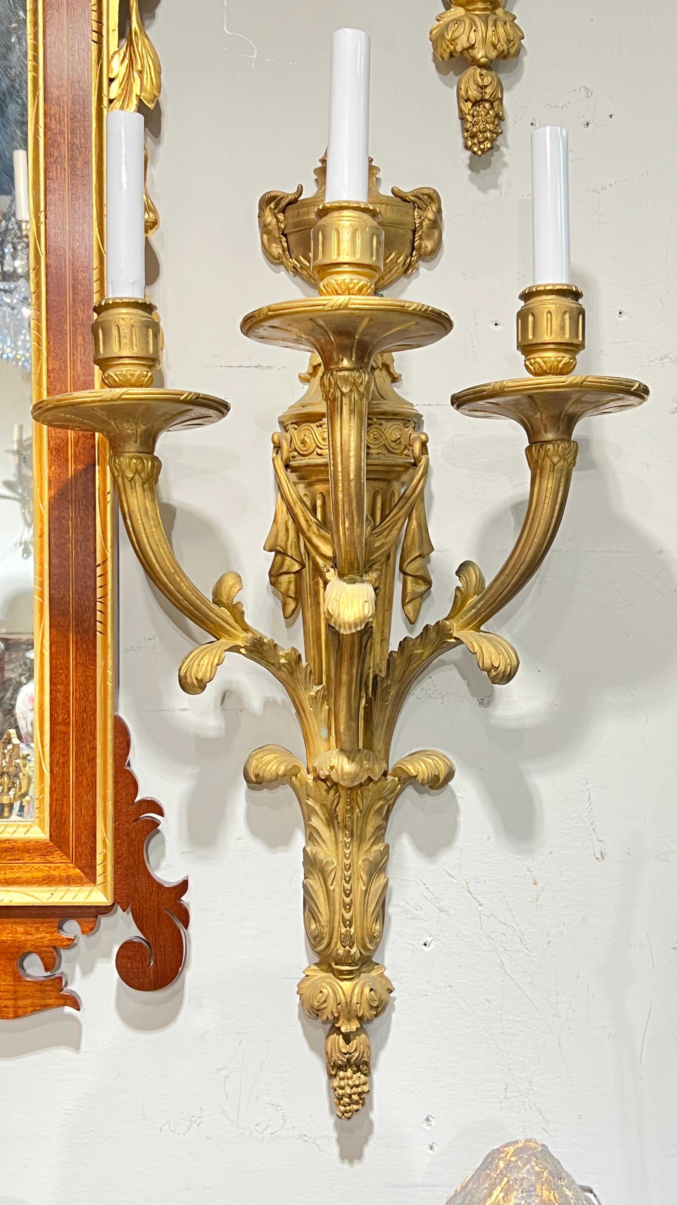 Pair Large Antique Gilt Bronzes 3-Light Sconces in French Louis XVI Style siglo XIX en venta
