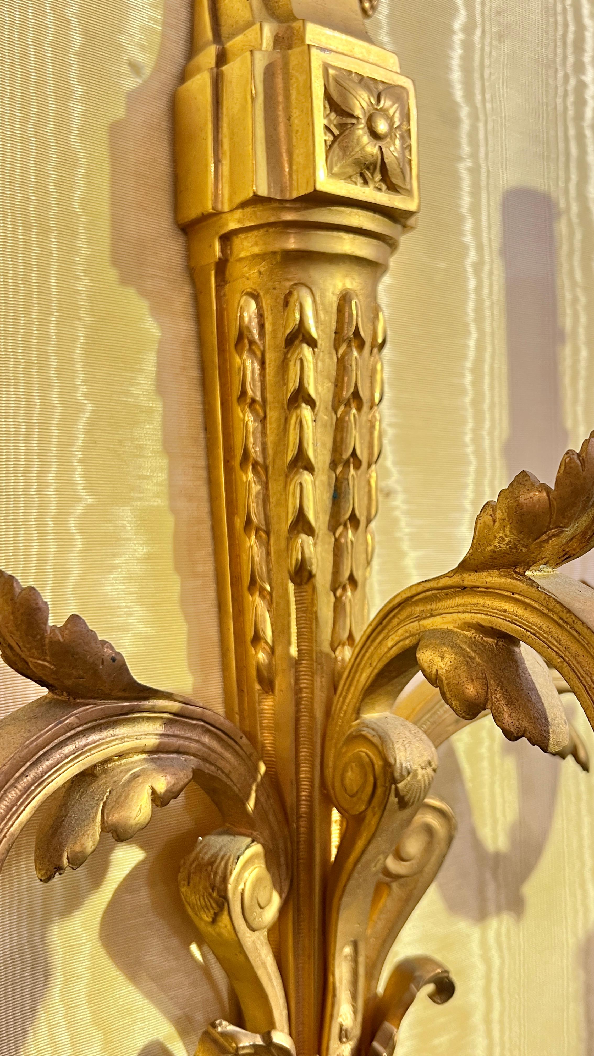 Pair Large Antique Gilt Bronzes 3-Light Sconces in French Louis XVI Style For Sale 4