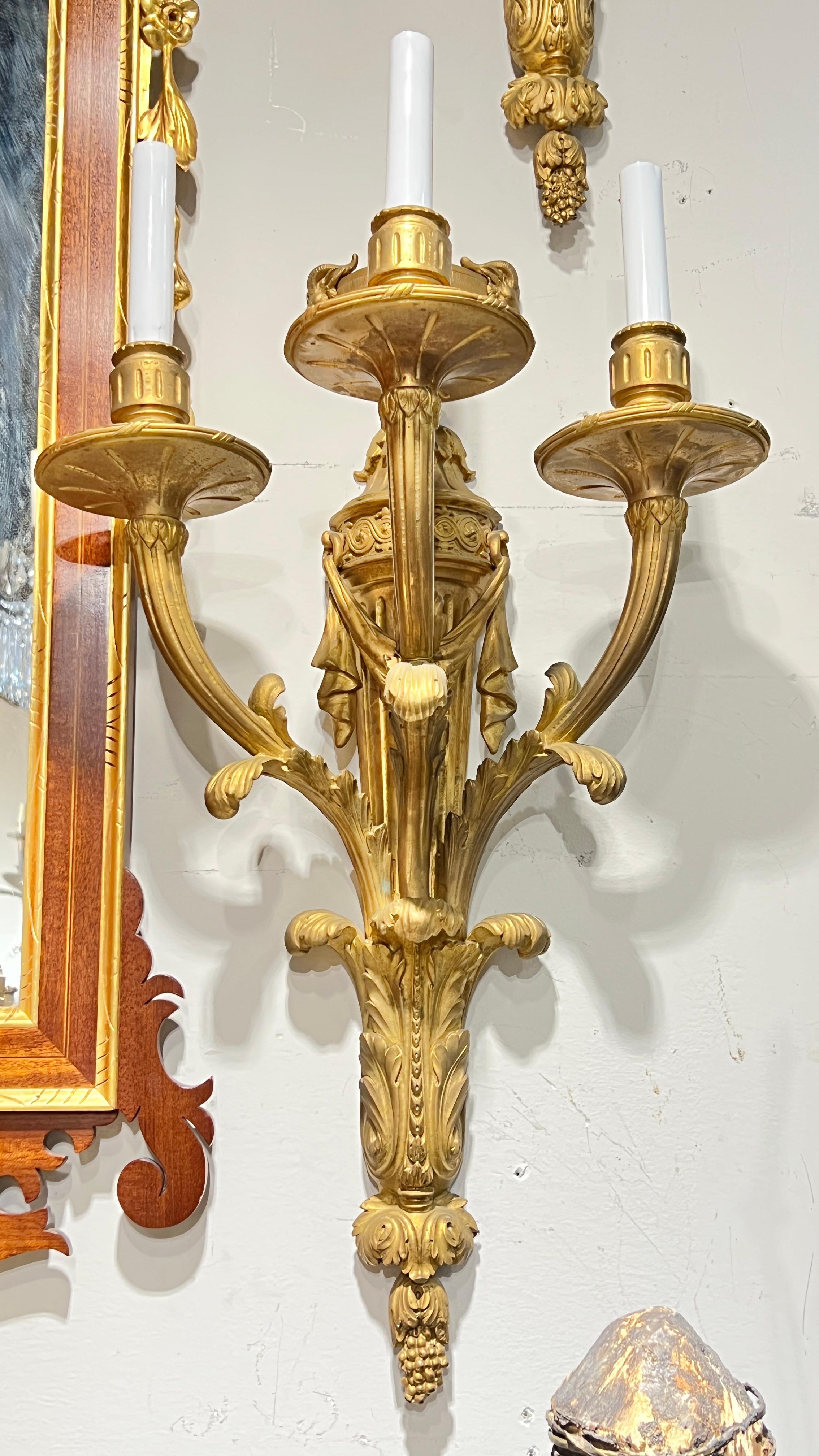 Pair Large Antique Gilt Bronzes 3-Light Sconces in French Louis XVI Style Bronce en venta