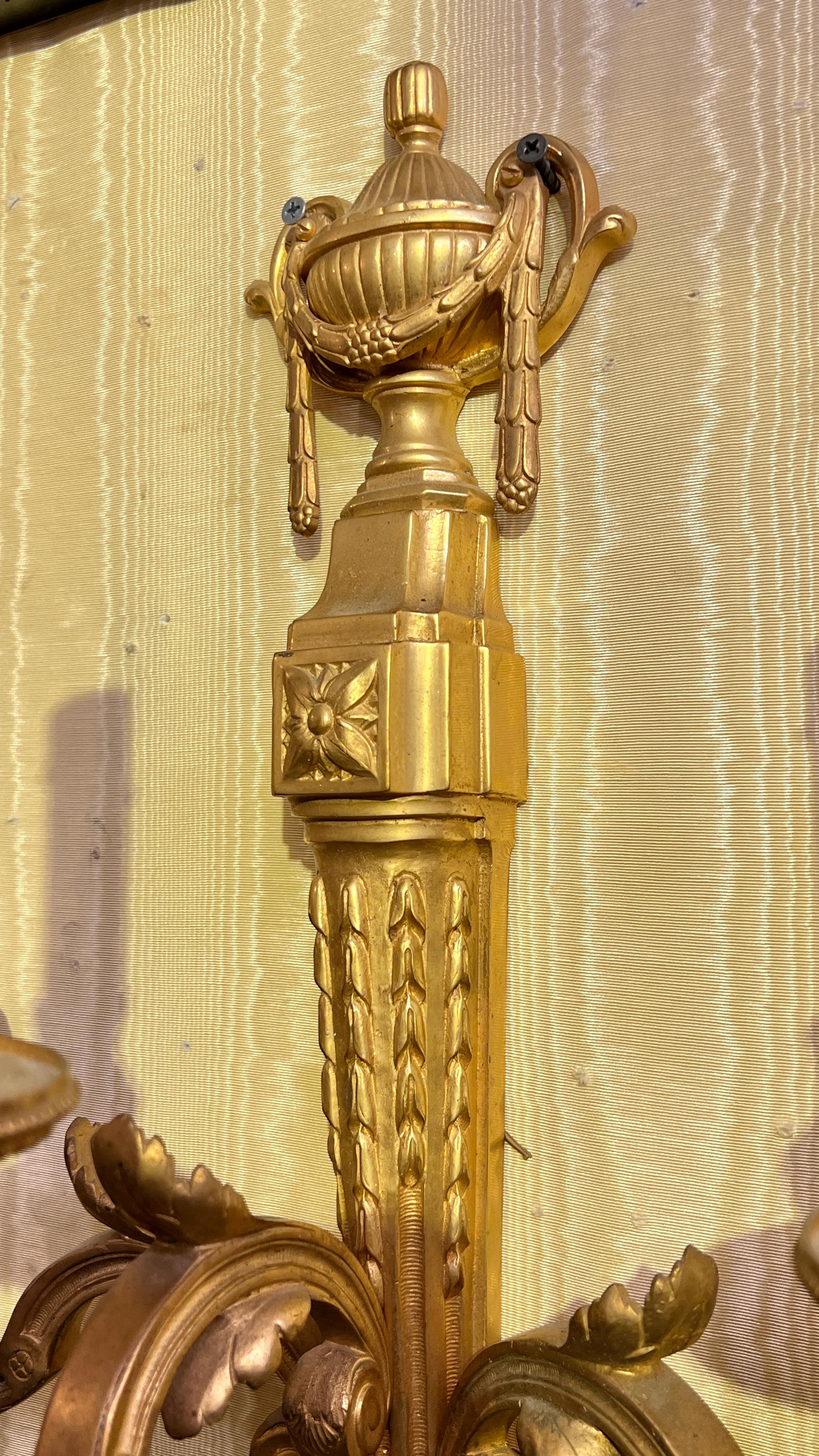 Pair Large Antique Gilt Bronzes 3-Light Sconces in French Louis XVI Style For Sale 5