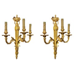Pair Large Antique Gilt Bronzes 3-Light Sconces in French Louis XVI Style