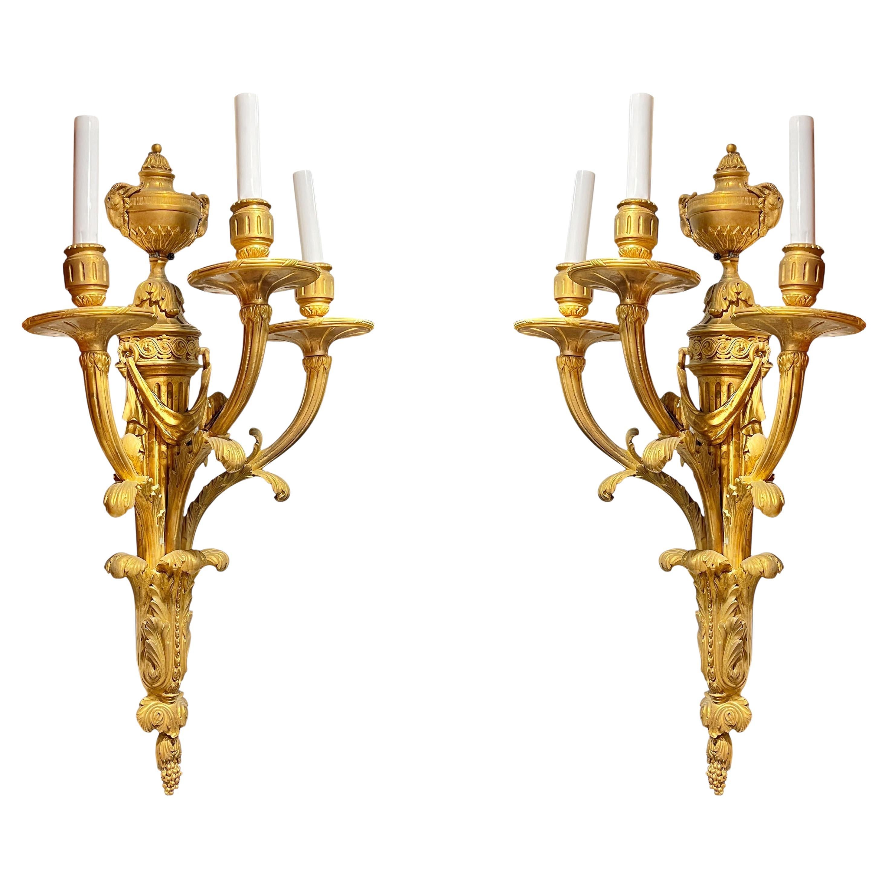 Pair Large Antique Gilt Bronzes 3-Light Sconces in French Louis XVI Style