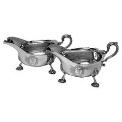 Pair Large Antique Irish Georgian Silver Sauce Boats / Gravy Jugs Dublin c. 1750