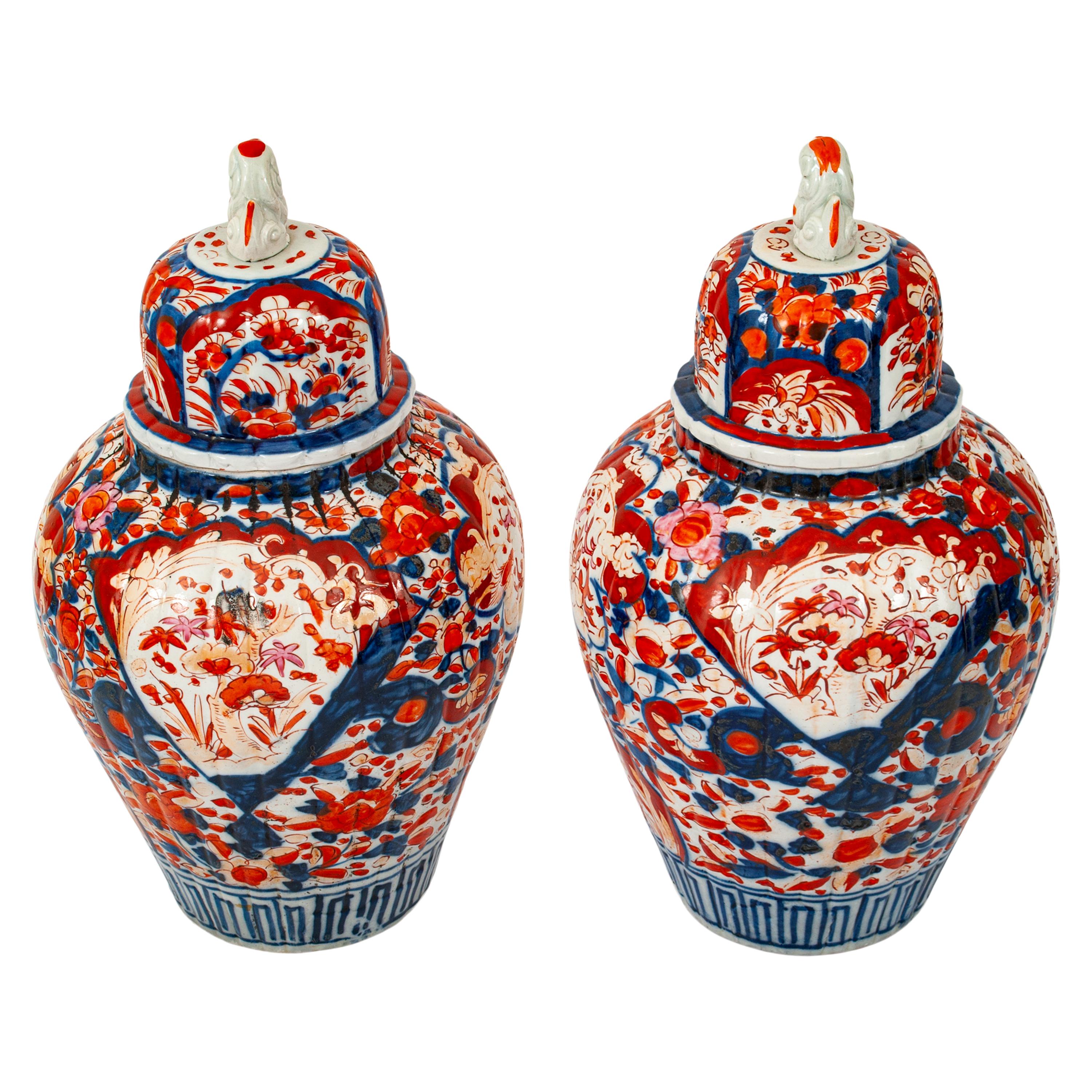Pair Large Antique Japanese Meiji Period Porcelain Imari Lidded Jars Urns, 1880 For Sale 1