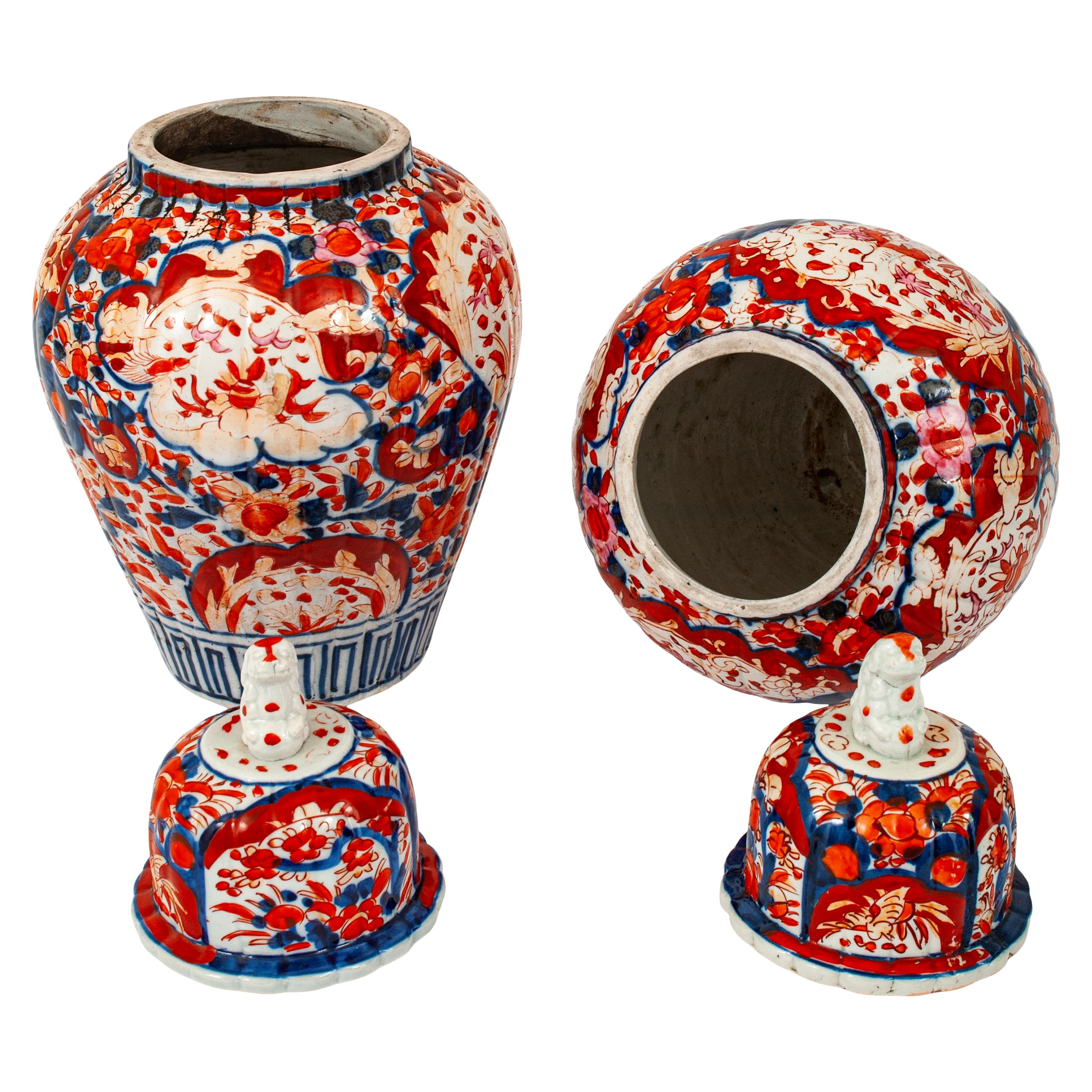 Pair Large Antique Japanese Meiji Period Porcelain Imari Lidded Jars Urns, 1880 For Sale 2