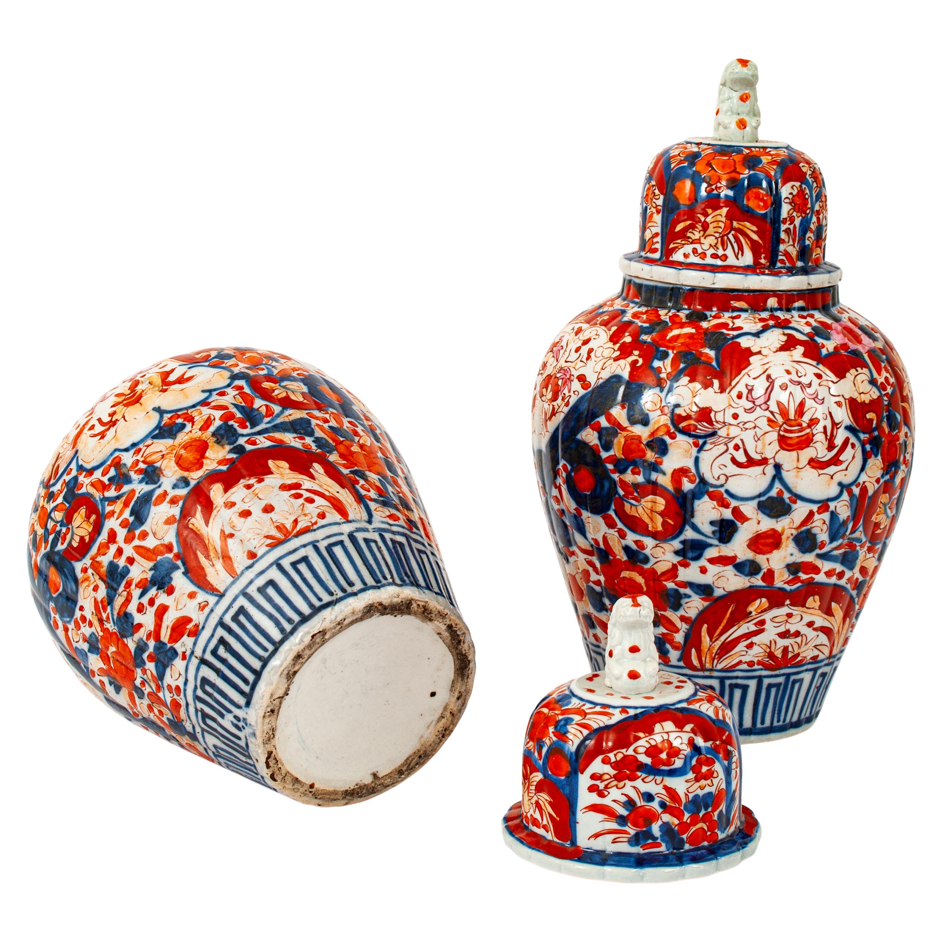 Pair Large Antique Japanese Meiji Period Porcelain Imari Lidded Jars Urns, 1880 For Sale 3