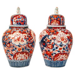 Pair Large Antique Japanese Meiji Period Porcelain Imari Lidded Jars Urns, 1880