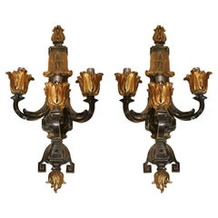 Pair Large Antique Neoclassical Gilt and Patinated Bronze 3-Light Sconces