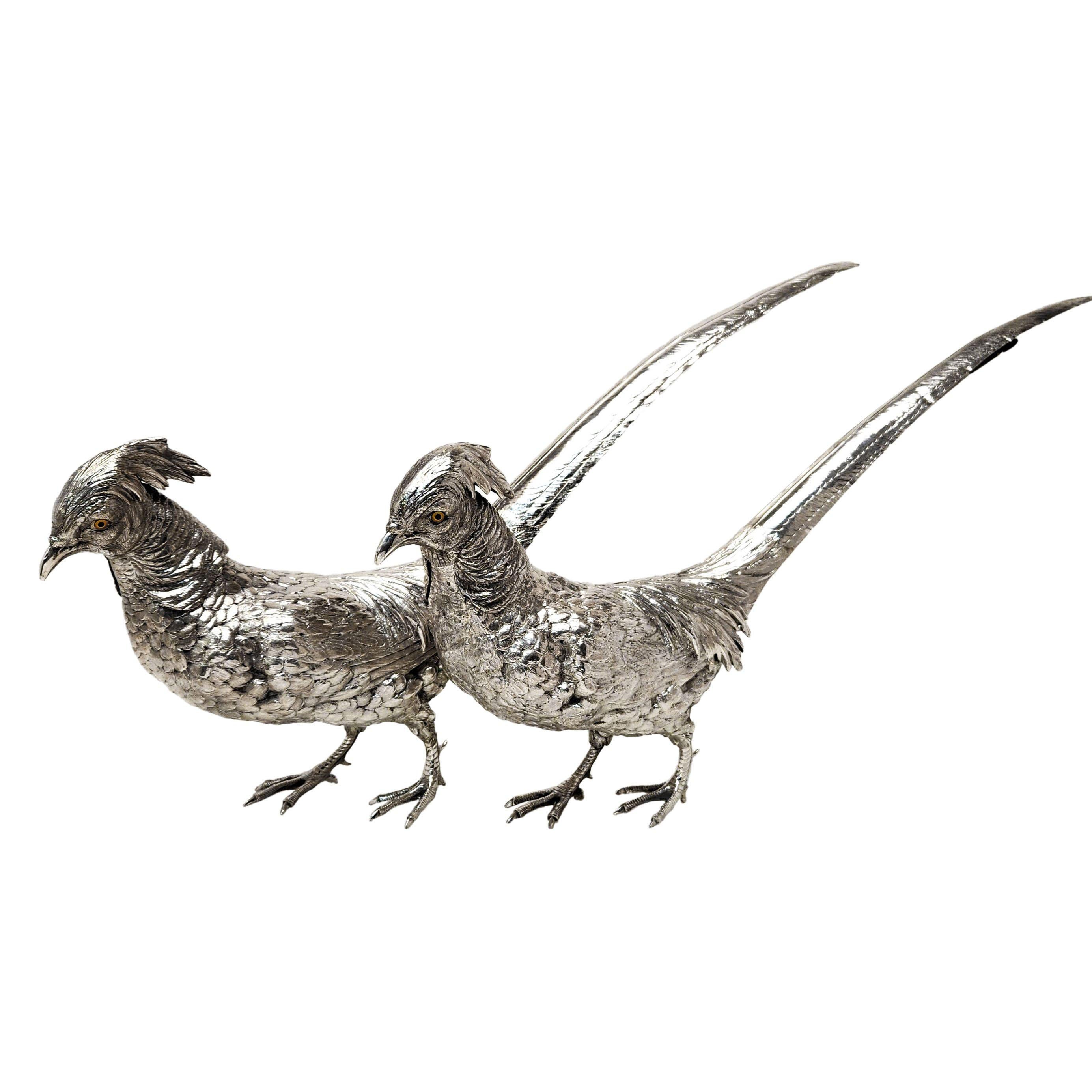 European Pair Large Antique Silver Pheasants Model Bird Figurines Germany c. 1890 For Sale