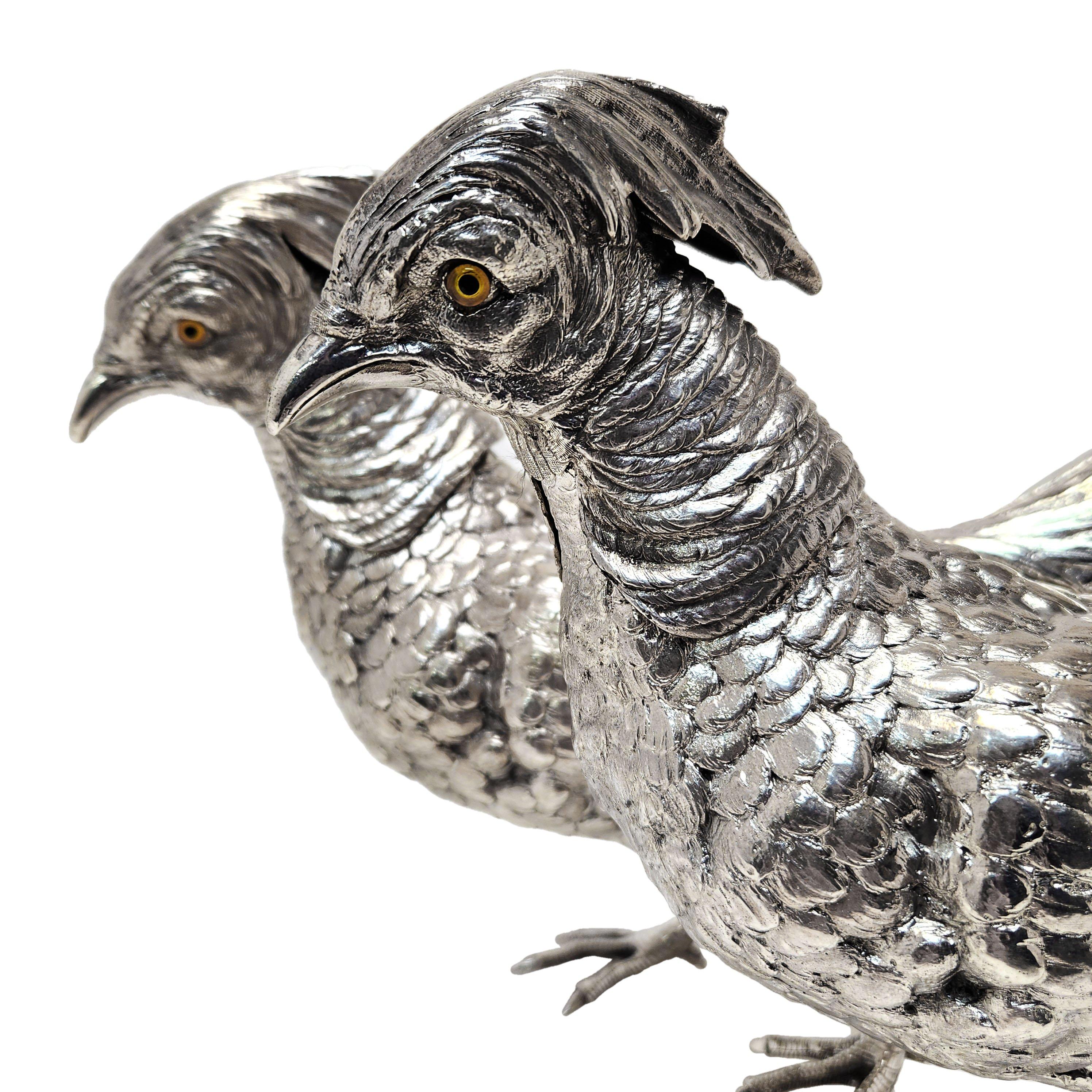Pair Large Antique Silver Pheasants Model Bird Figurines Germany c. 1890 In Good Condition For Sale In London, GB