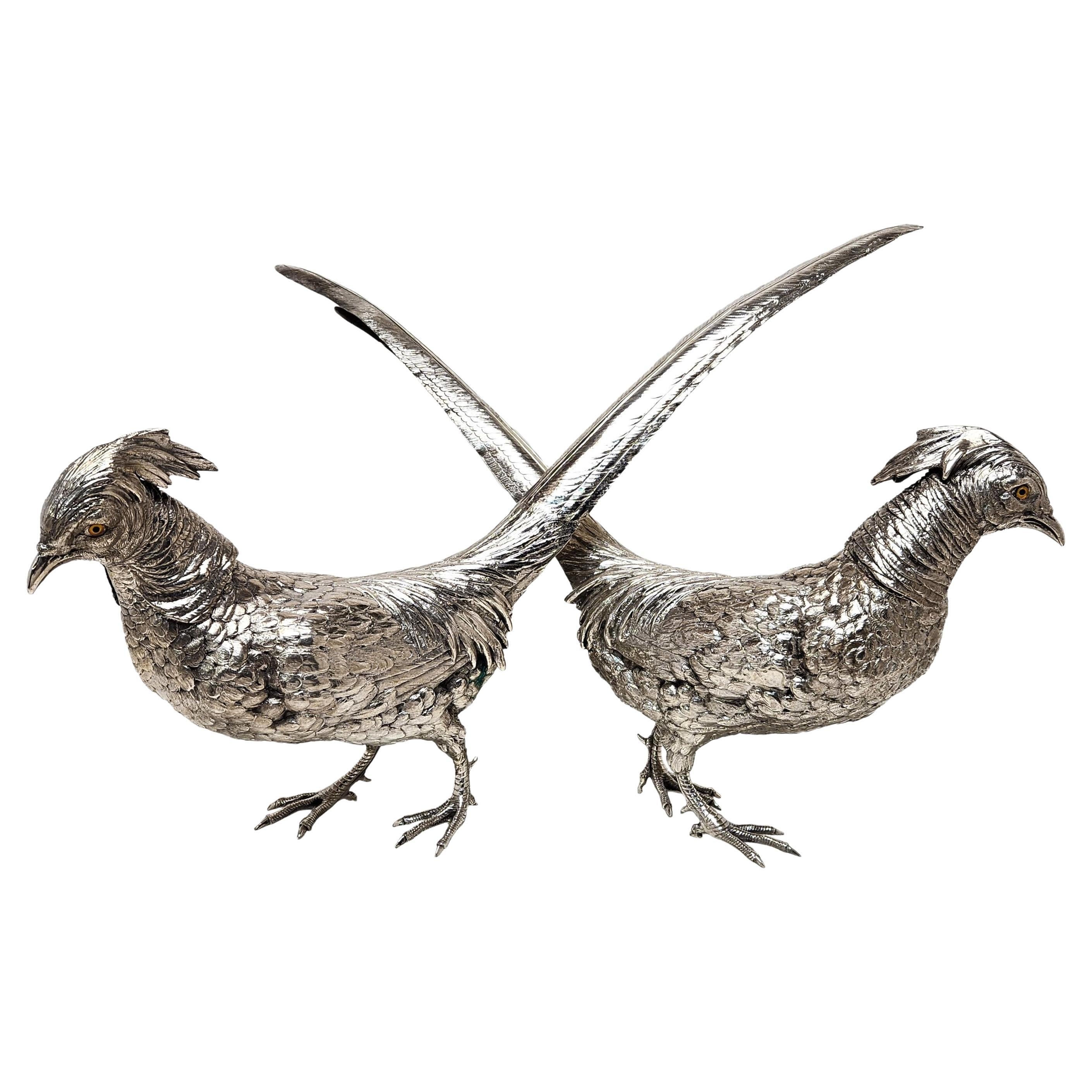 Pair Large Antique Silver Pheasants Model Bird Figurines Germany c. 1890 For Sale