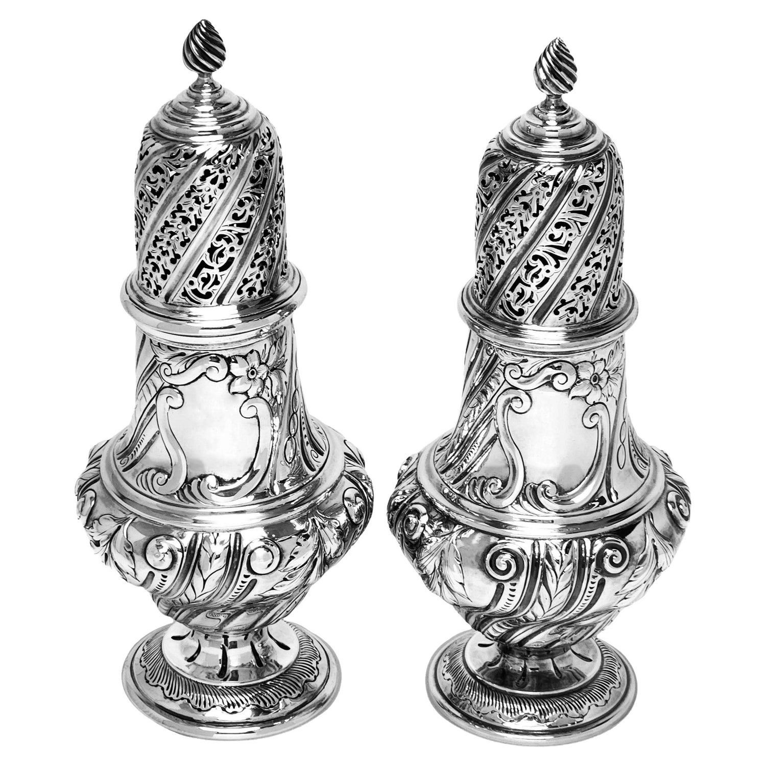 Pair Large Antique Victorian Silver Casters / Shakers 1886 / 87 Sugar