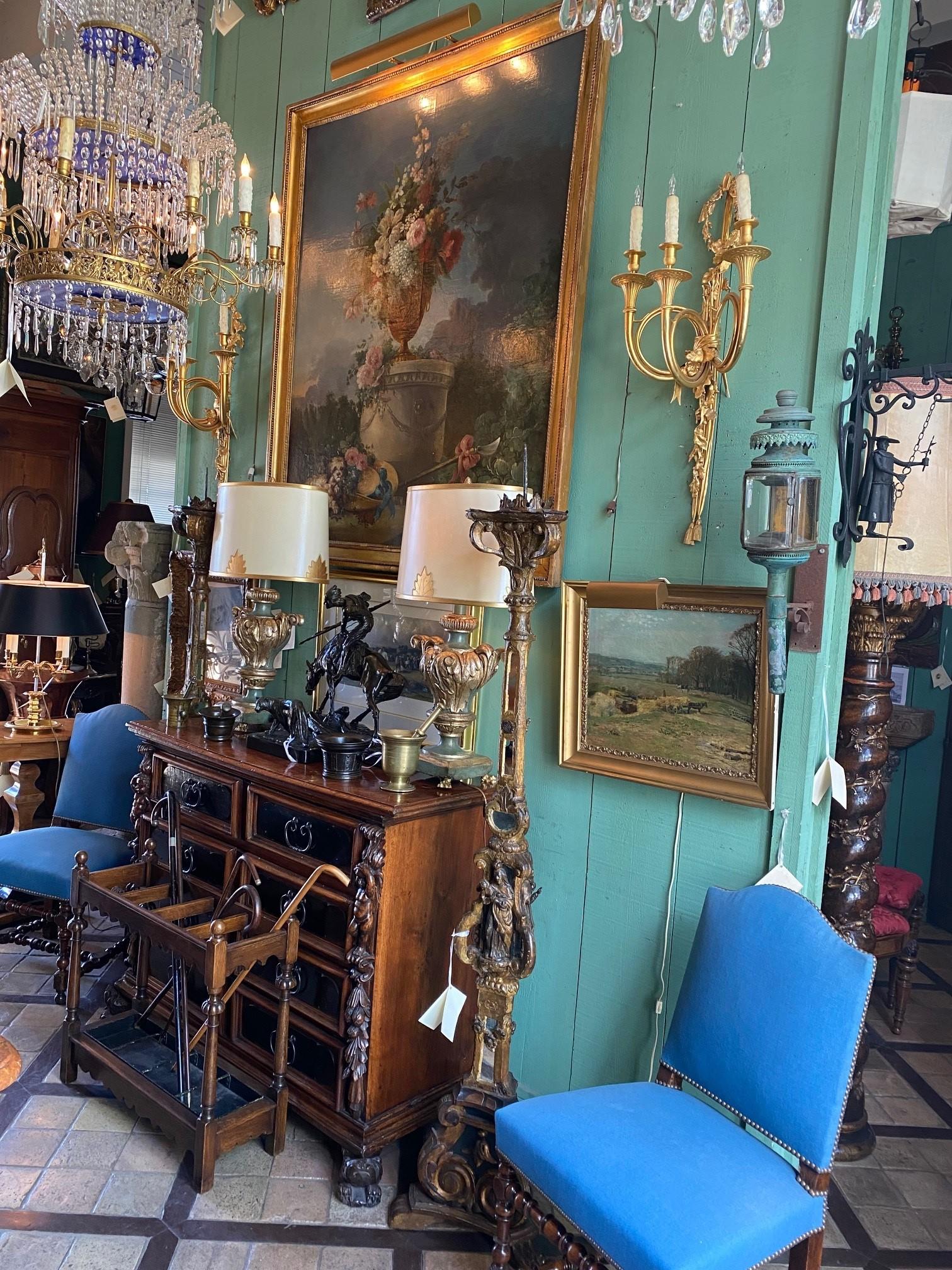 Pair Large Antique Wall Mount Light Sconces Gilt Bronze Hunt Trumpet Bronze Dore For Sale 11