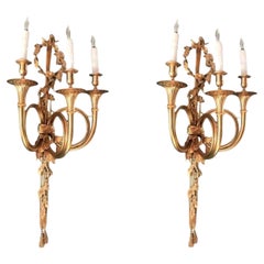 Pair Large Antique Wall Mount Light Sconces Gilt Bronze Hunt Trumpet Bronze Dore