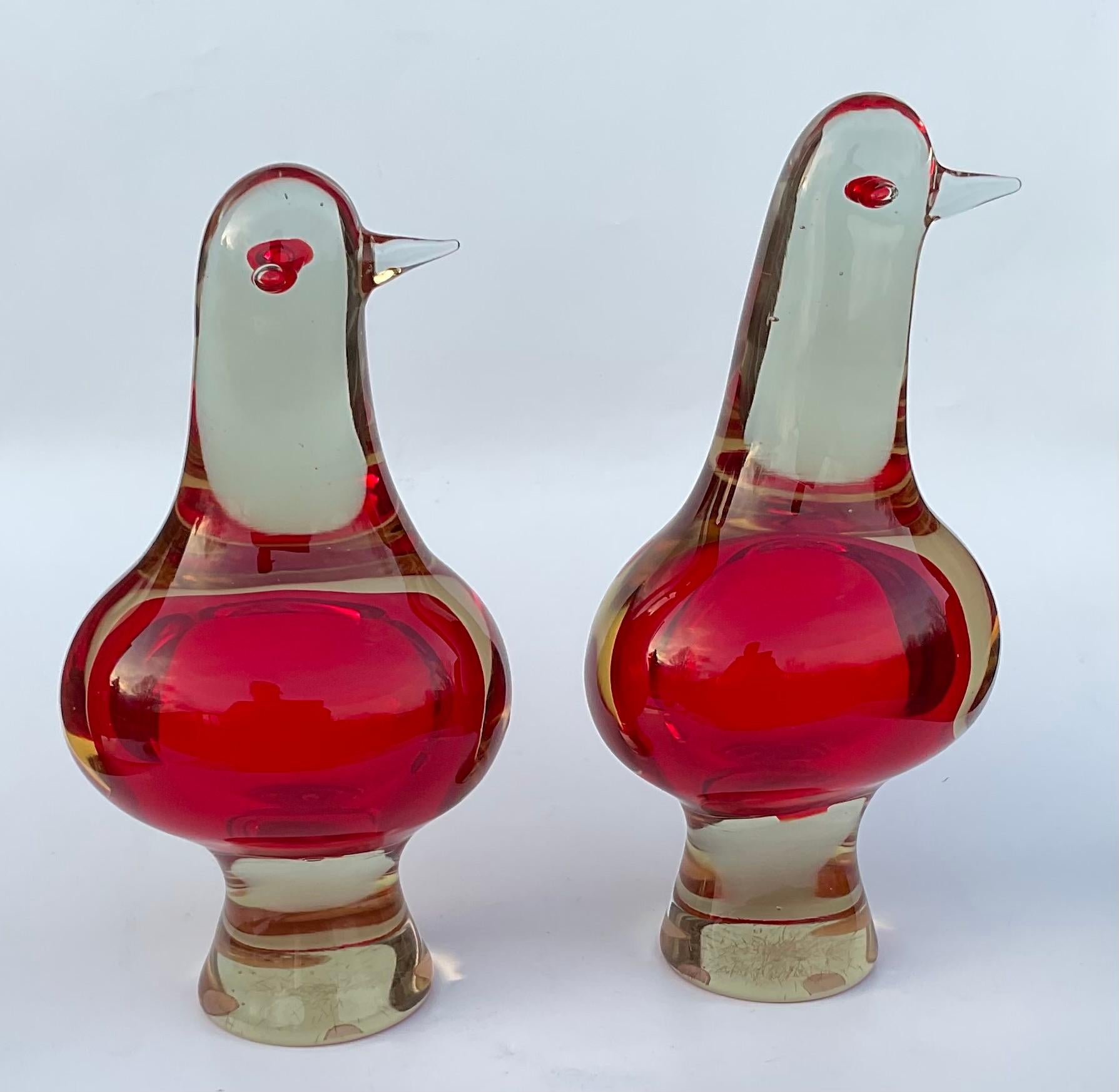 Mid-Century Modern PAIR Large Antonio da Ros Cenedese Murano Sommerso Glass Figures Birds in Red For Sale