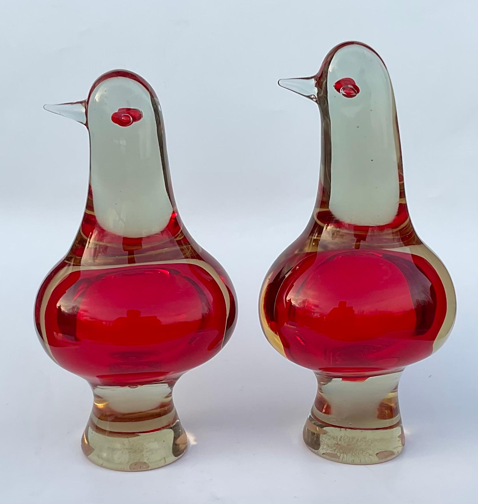 Italian PAIR Large Antonio da Ros Cenedese Murano Sommerso Glass Figures Birds in Red