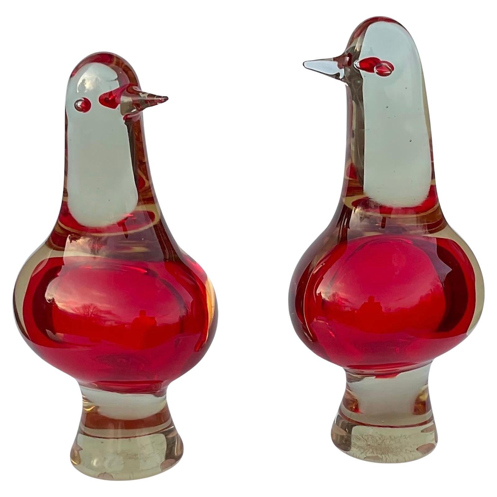 PAIR Large Antonio da Ros Cenedese Murano Sommerso Glass Figures Birds in Red For Sale